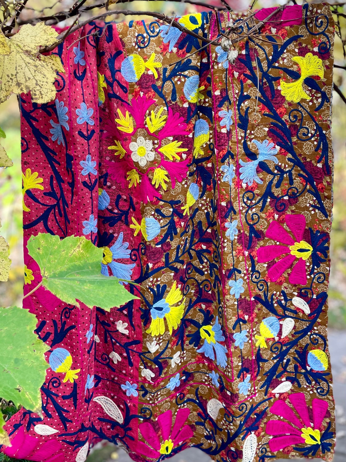 Rowena Reversible Embroidered Kantha Quilt. - Pink Flower