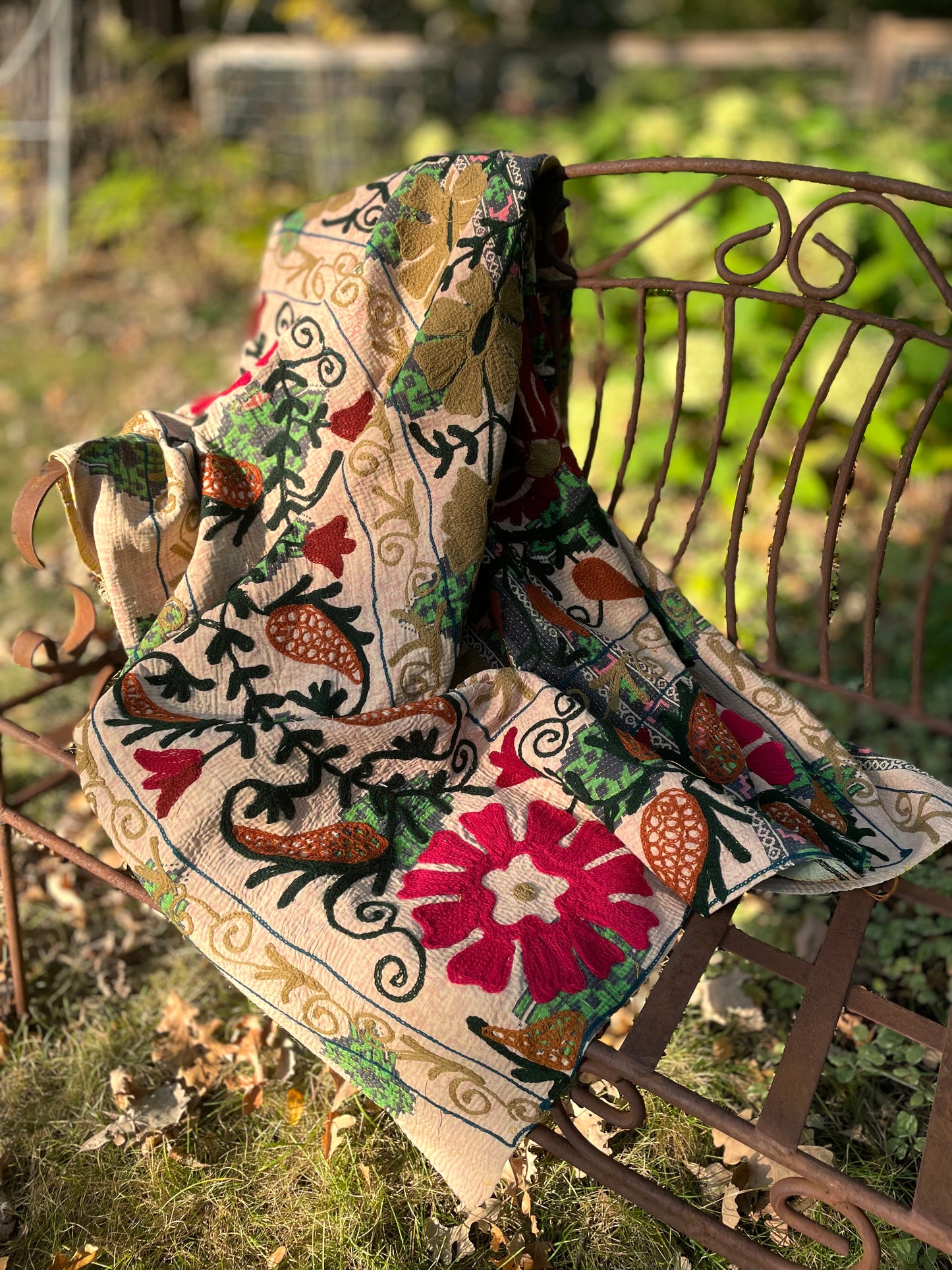 Rowena Reversible Embroidered Kantha Quilt.