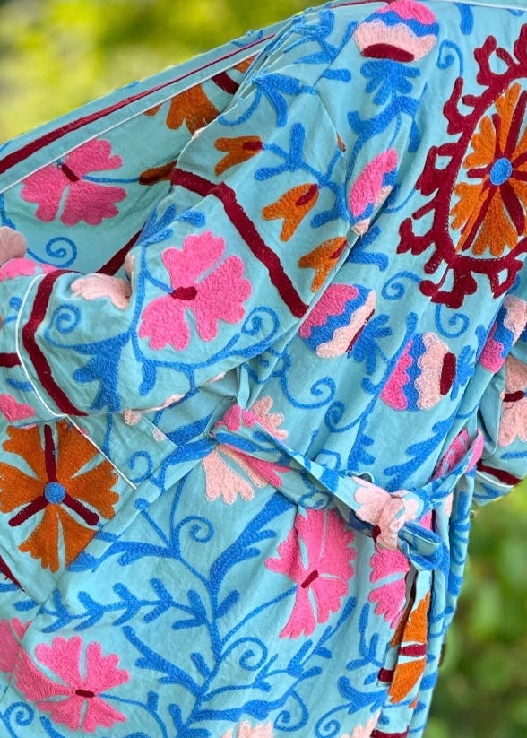 Hand Embroidered Suzani Robe - Blue.