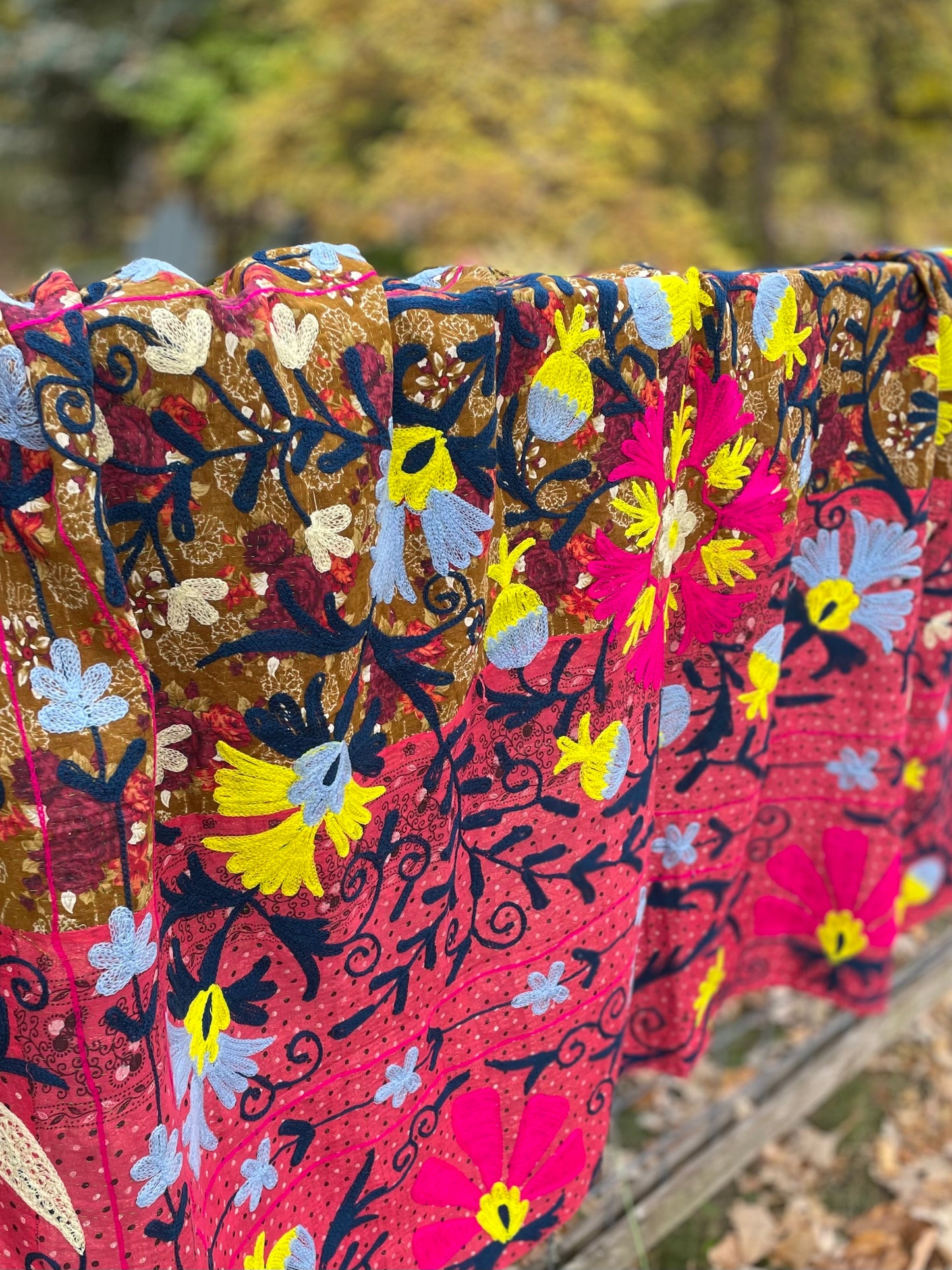 Rowena Reversible Embroidered Kantha Quilt. - Pink Flower