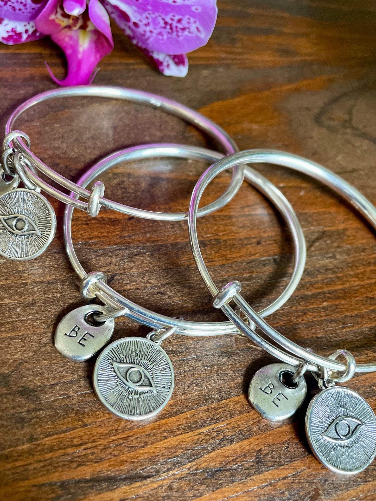 “Be” Silver Bangle Charm Bracelet.