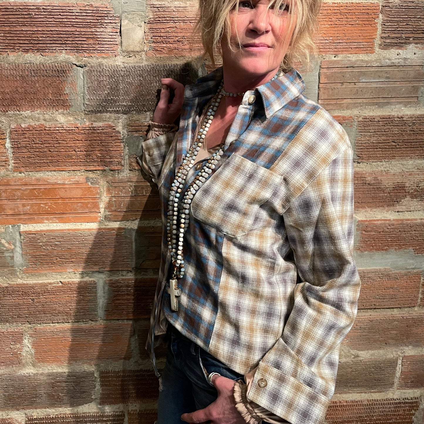Penny Patchwork Plaid Shirt - Blue
