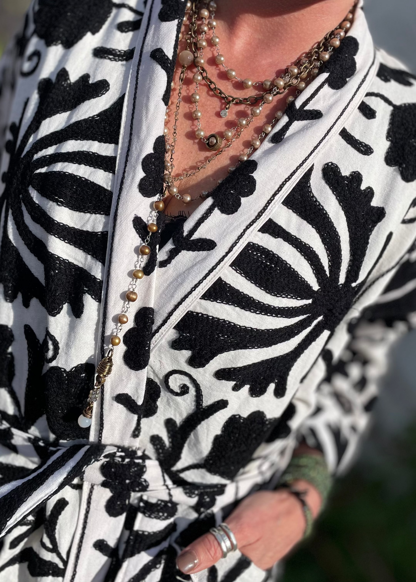 Hand Embroidered Suzani Robe - Black and White