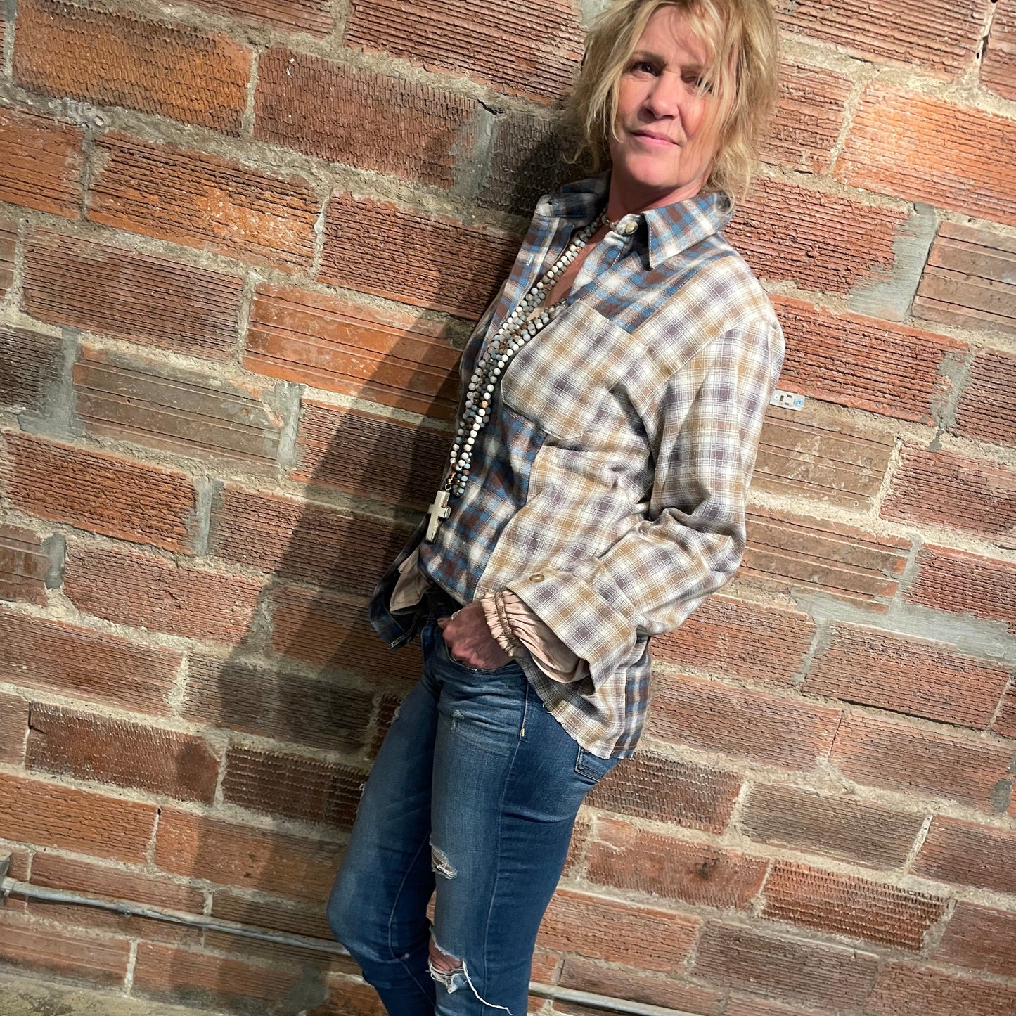 Penny Patchwork Plaid Shirt - Blue