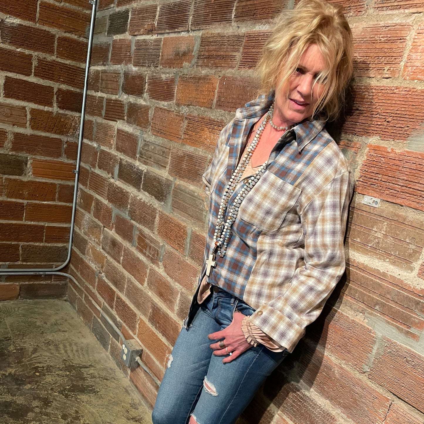 Penny Patchwork Plaid Shirt - Blue