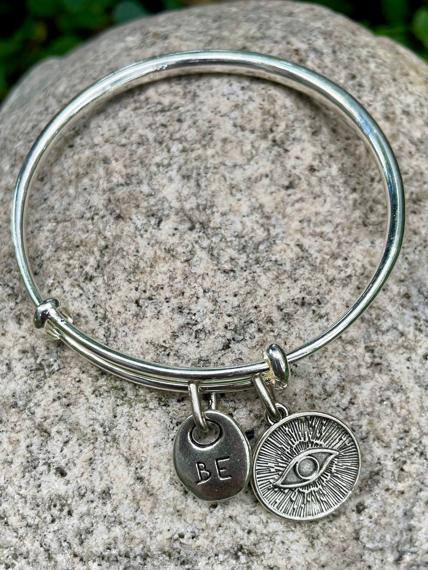 “Be” Silver Bangle Charm Bracelet.
