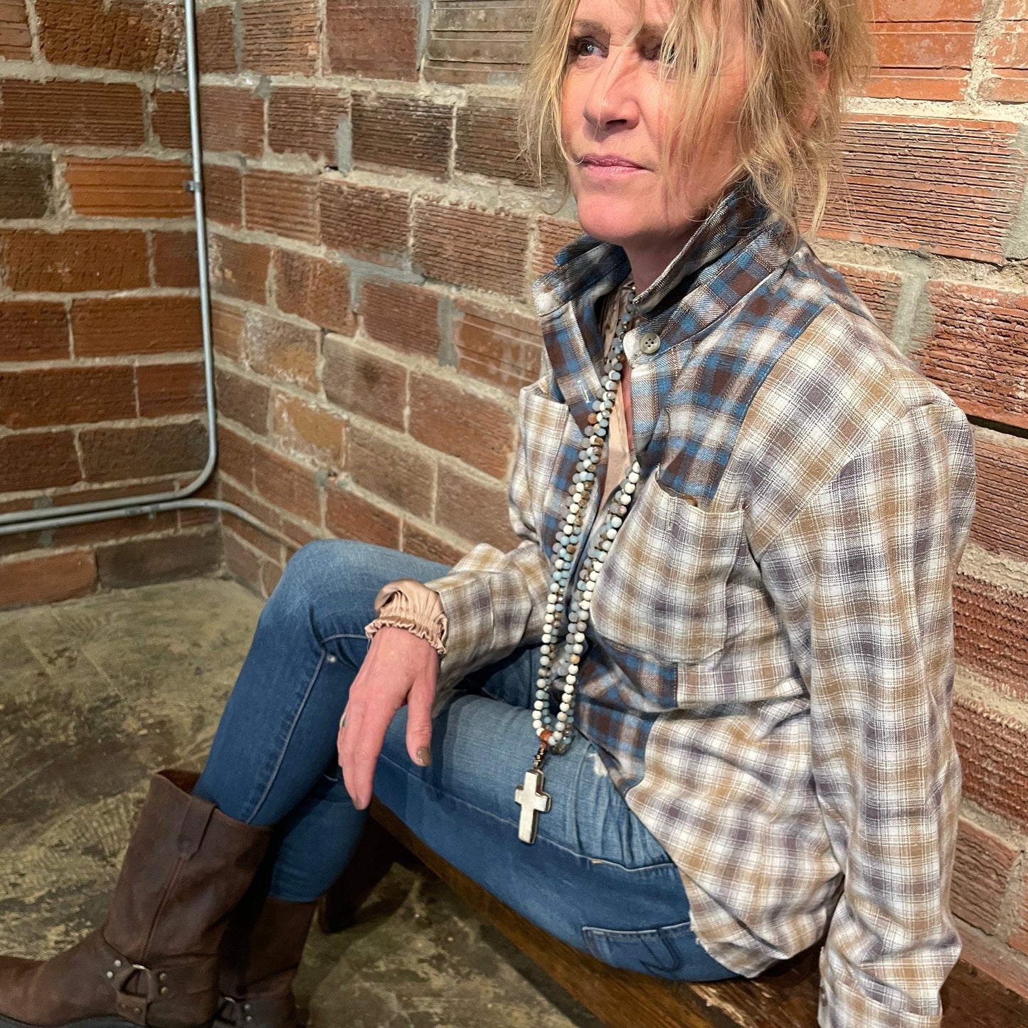 Penny Patchwork Plaid Shirt - Blue