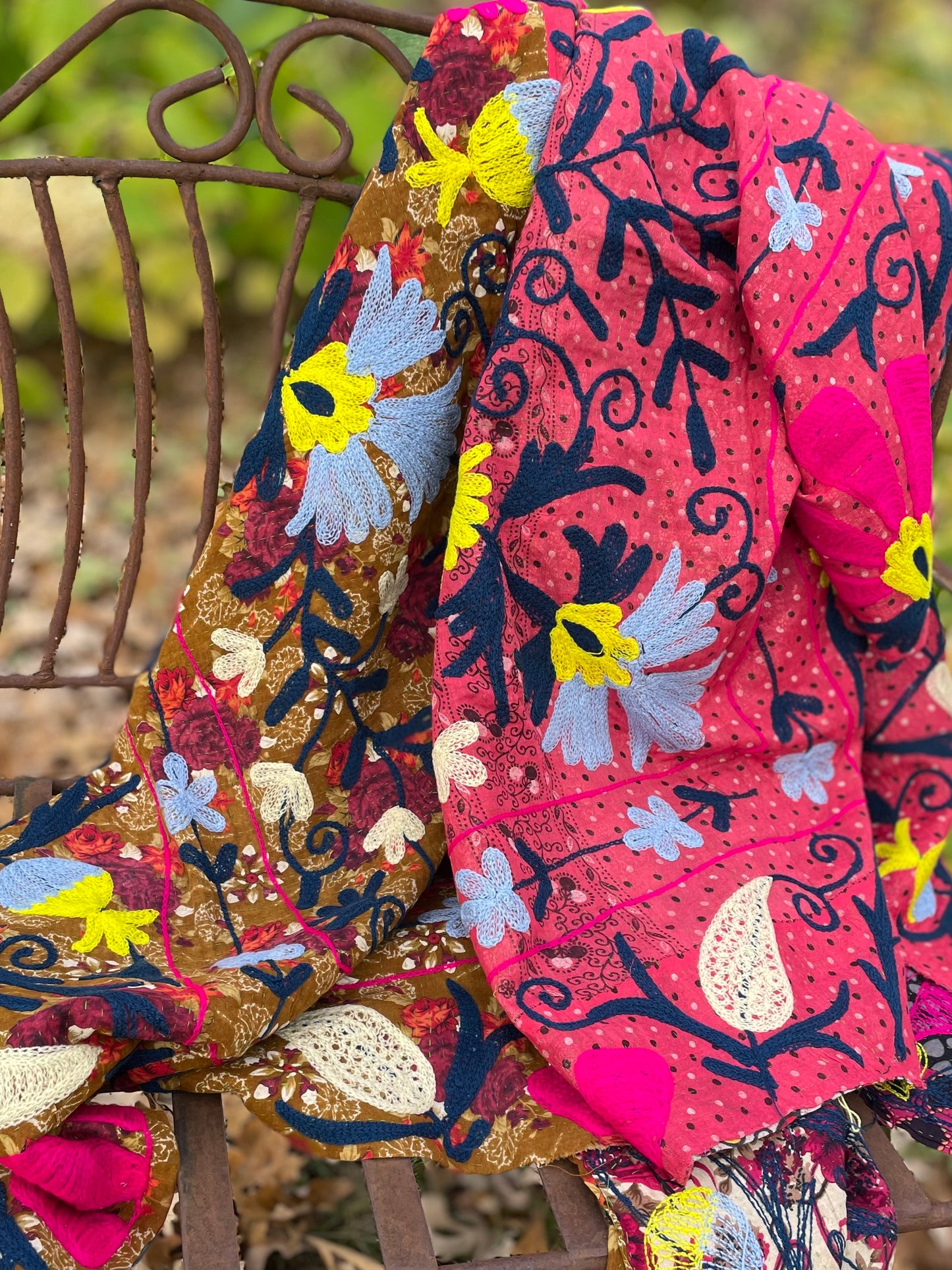 Rowena Reversible Embroidered Kantha Quilt. - Pink Flower