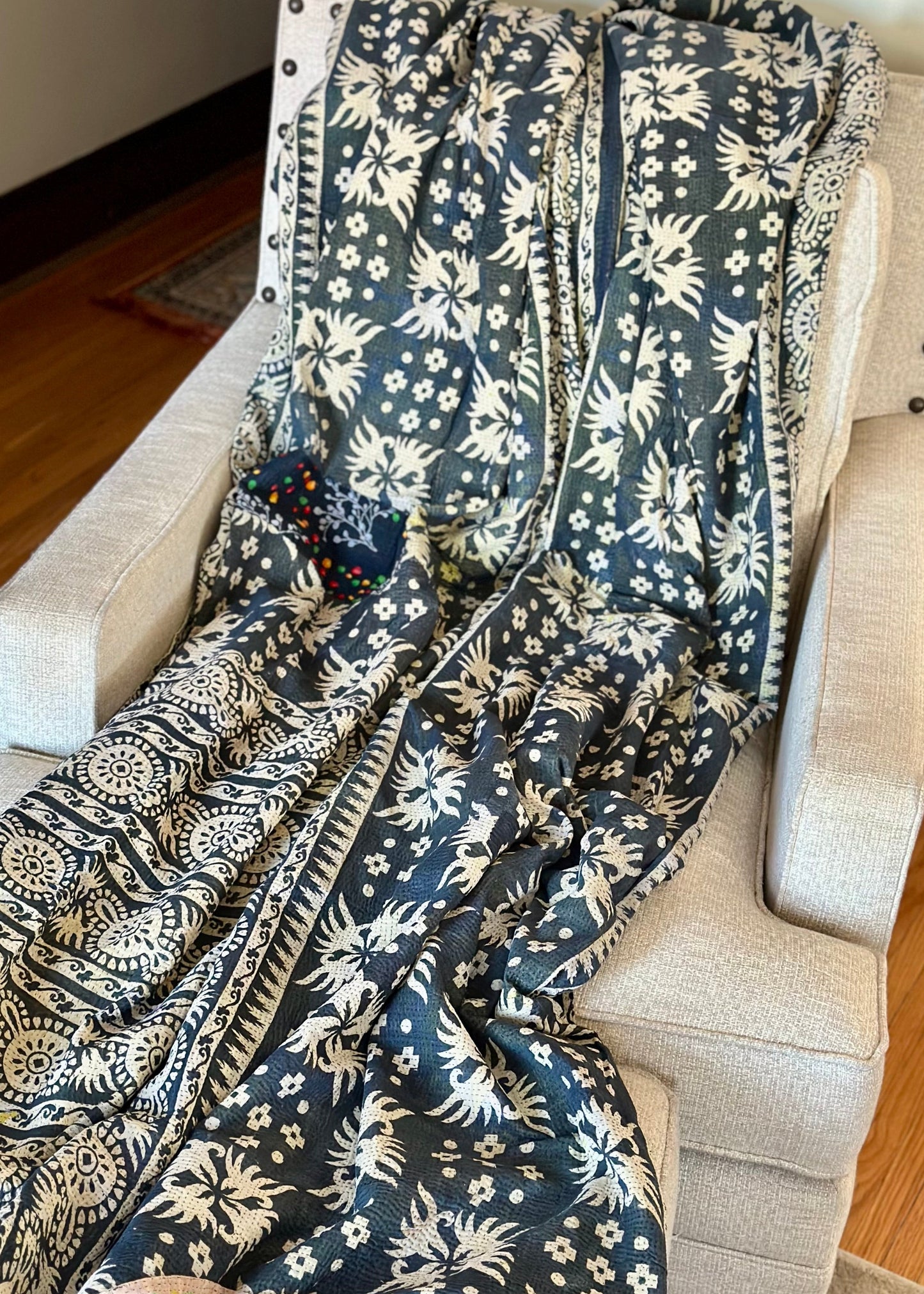 Theodora Reversible Kantha Quilts. Pastel/Blue Set of 3.