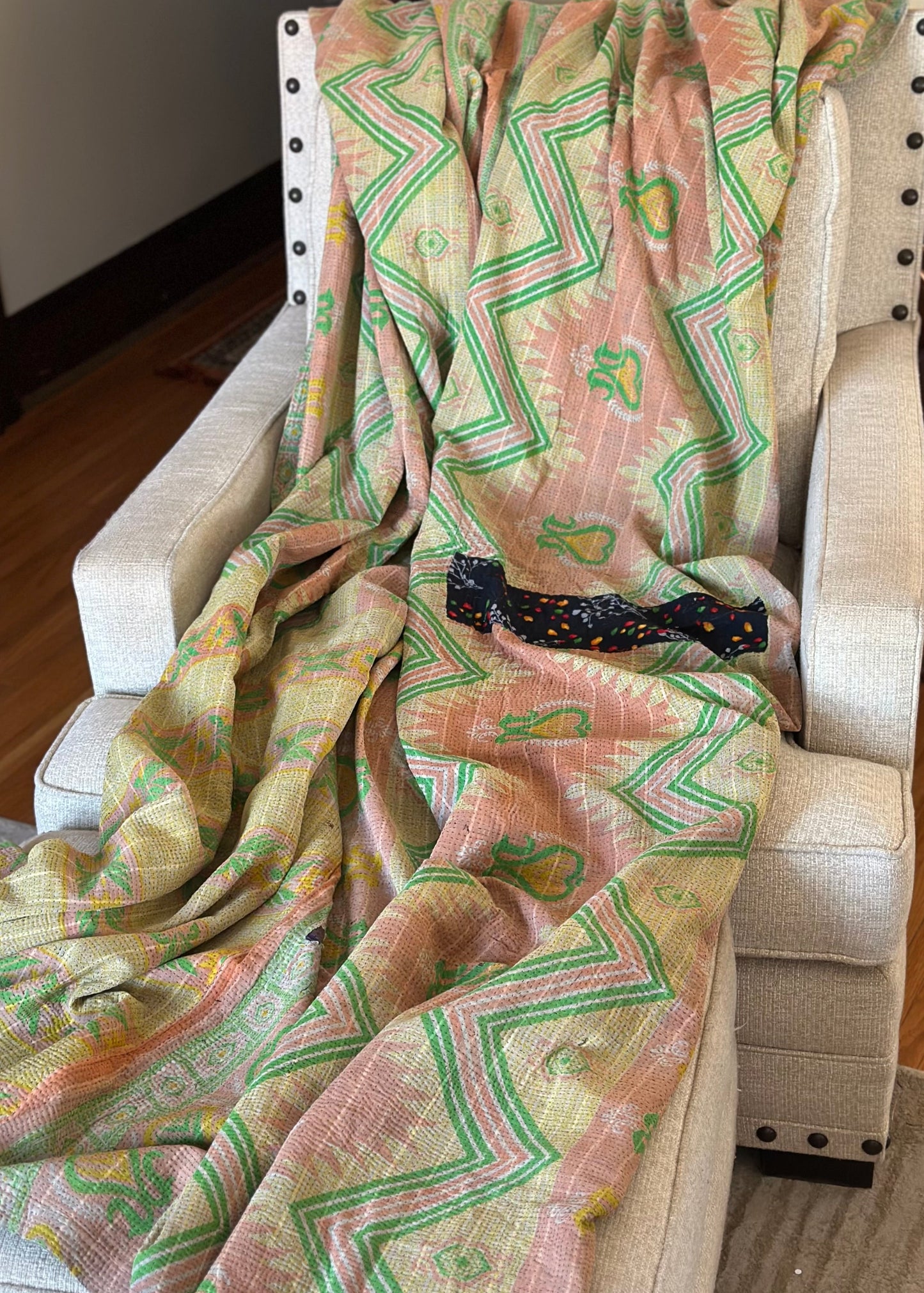 Theodora Reversible Kantha Quilts. Pastel/Blue Set of 3.