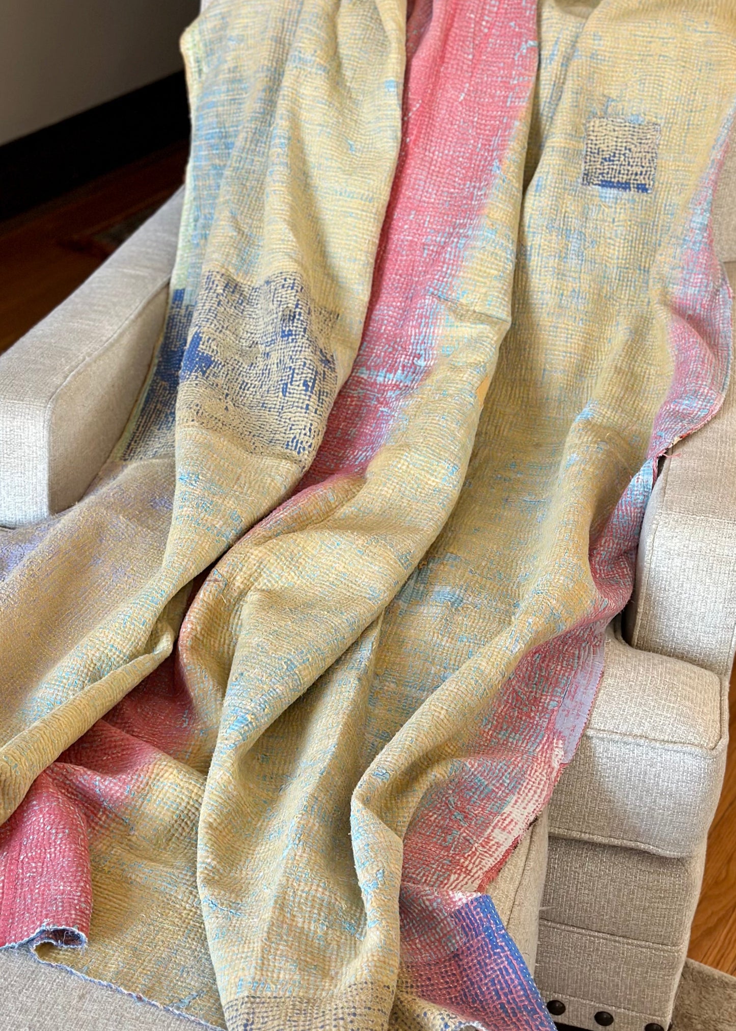Theodora Reversible Kantha Quilts. Pastel/Blue Set of 3.