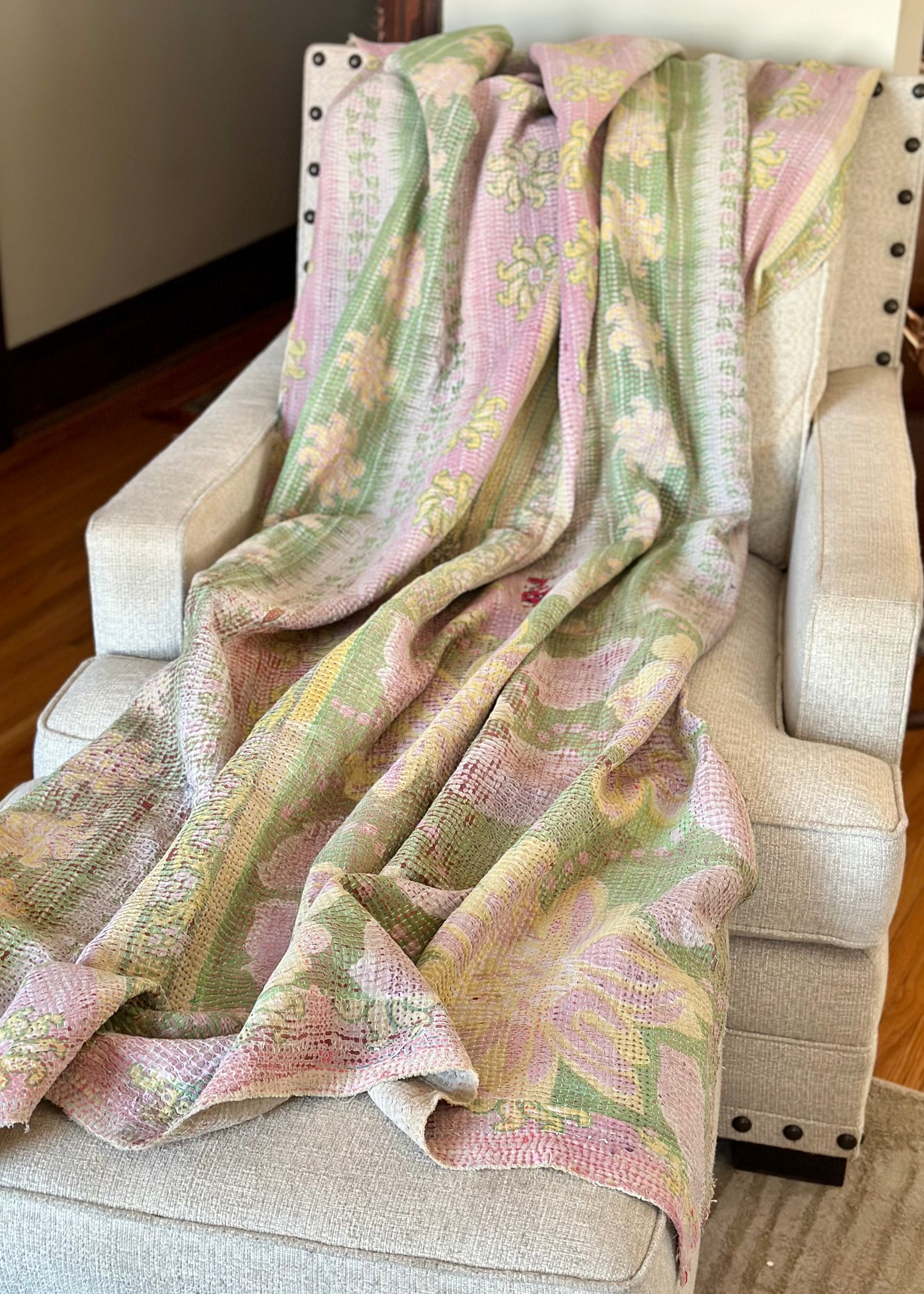 Theodora Reversible Kantha Quilts. Pastel/Blue Set of 3.