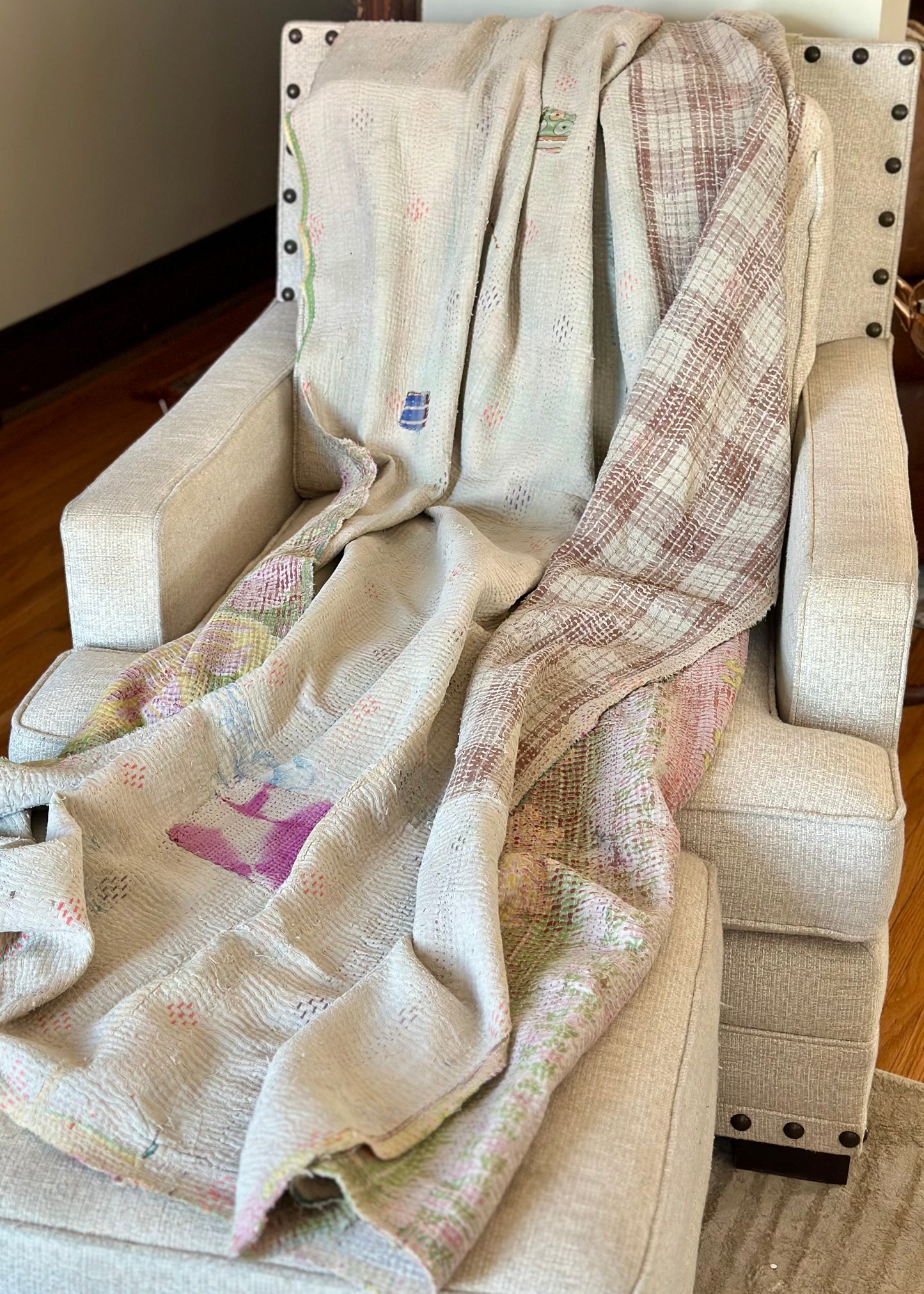 Theodora Reversible Kantha Quilts. Pastel/Blue Set of 3.