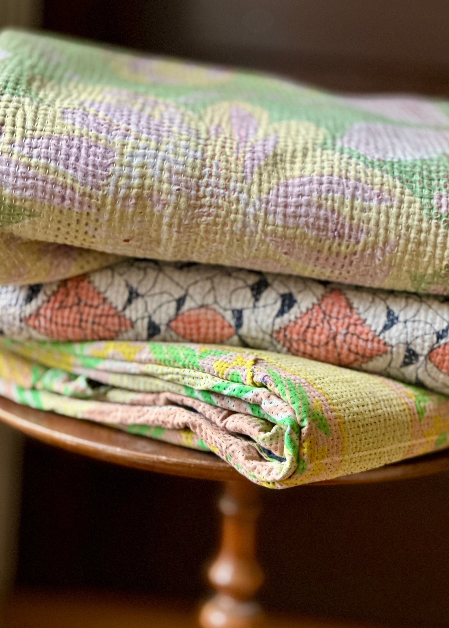 Theodora Reversible Kantha Quilts. Pastel/Blue Set of 3.