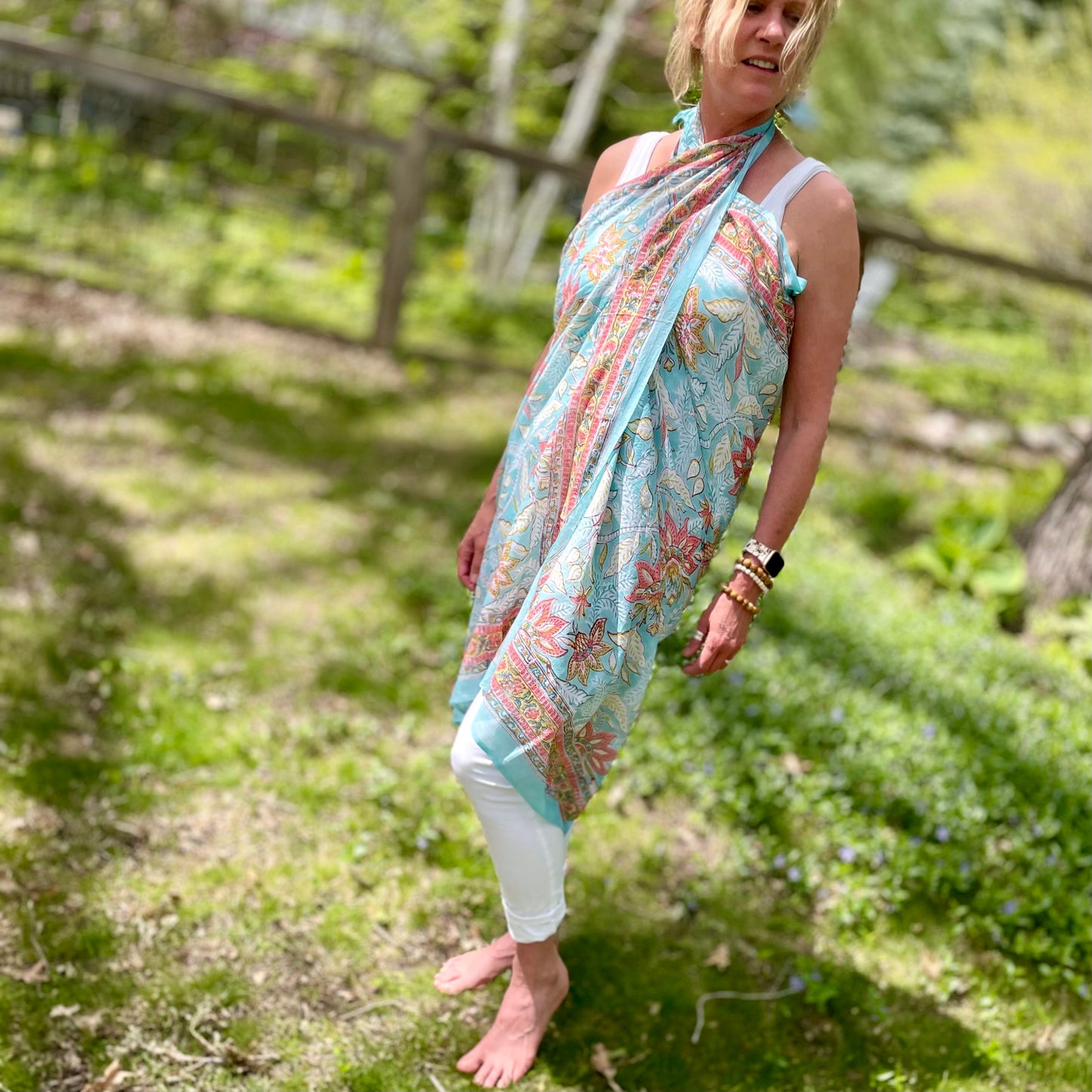 Kayla Cotton Sarong Scarf. Aqua.