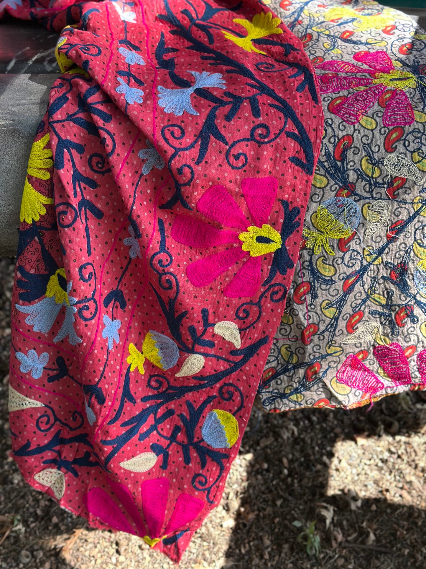 Rowena Reversible Embroidered Kantha Quilt. - Pink Flower