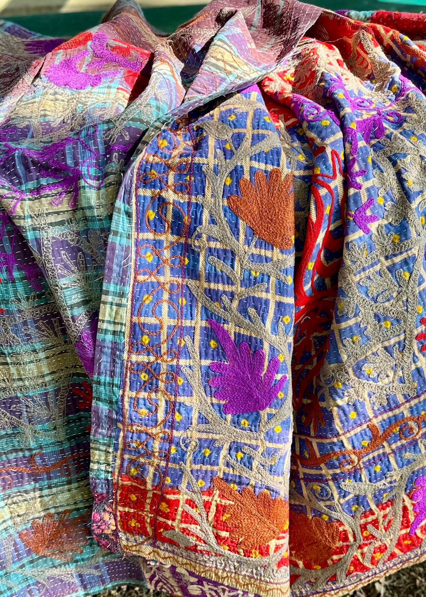 Rowena Reversible Embroidered Kantha Quilt. - Blue Red Purple