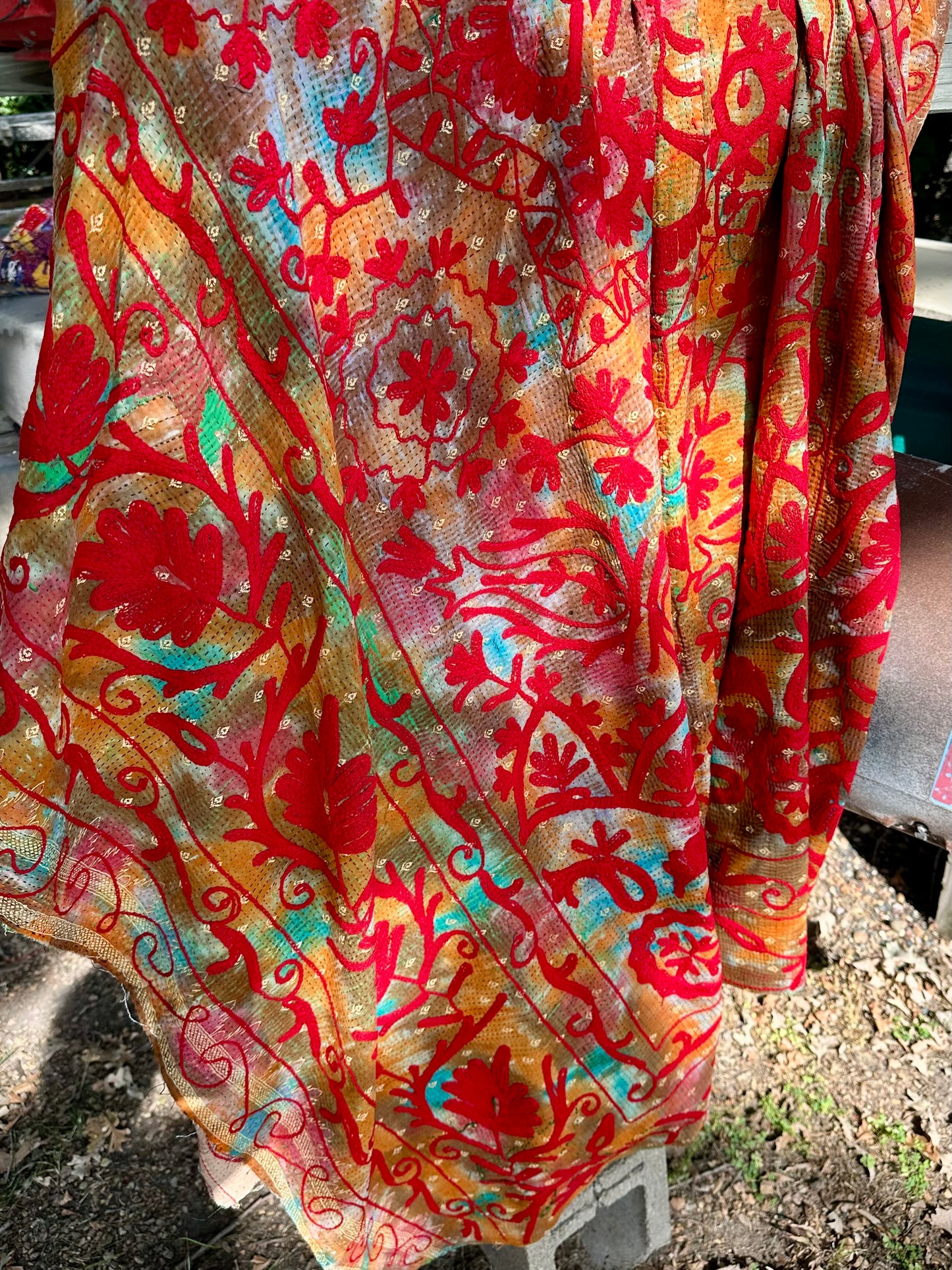 Rowena Reversible Embroidered Kantha Quilt. - Red Rust Teal