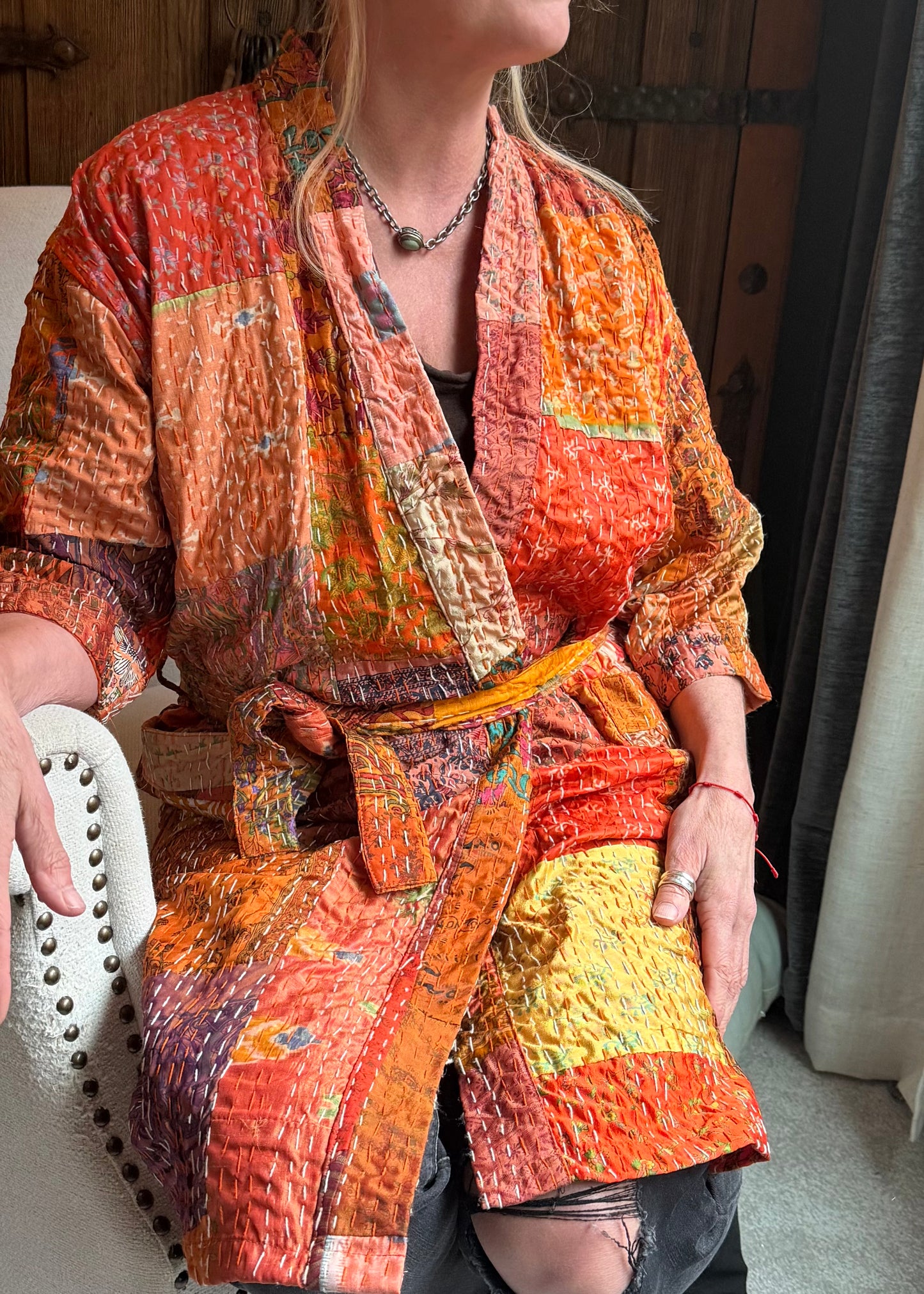 Cassidy Hand Stitched Reversible Silk Kantha Jacket - Orange