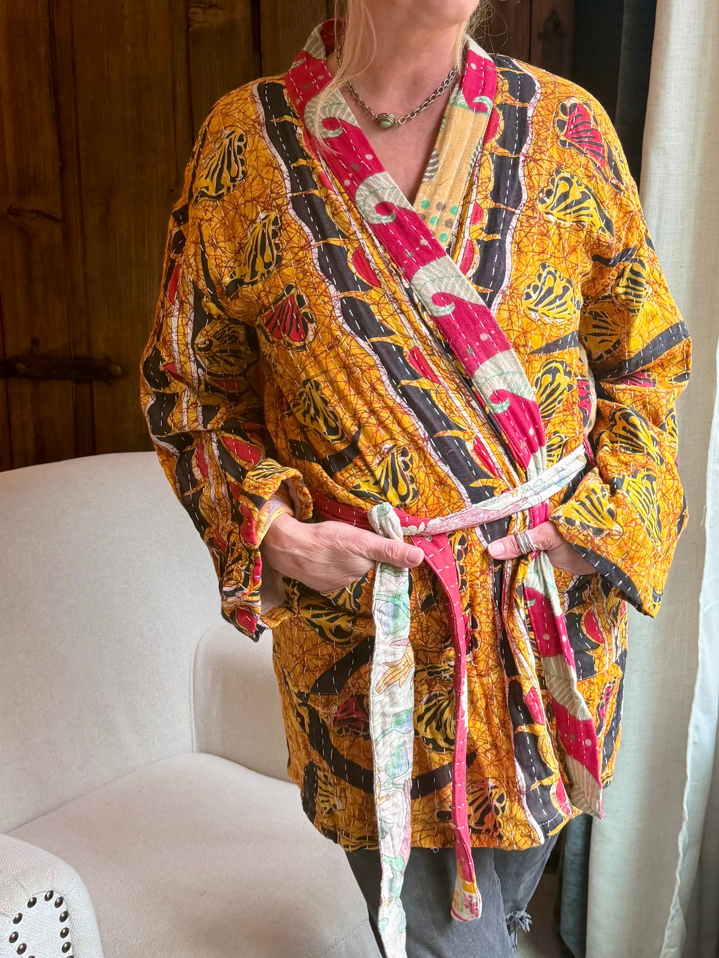 Vintage Kantha Jacket – Reversible Bohemian Robe - Yellow & Red