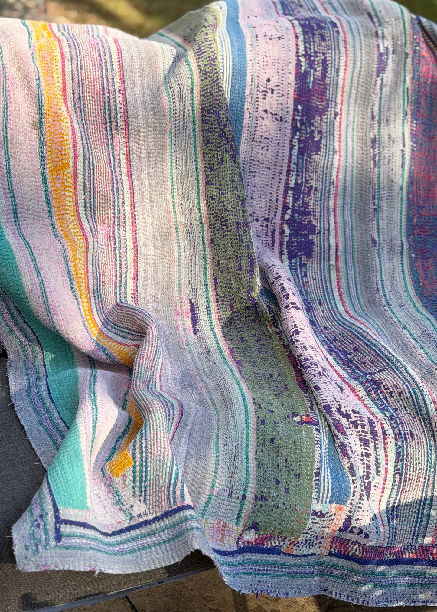 Theodora Reversible Kantha Quilts. Blue, Green, Pink Set of 3