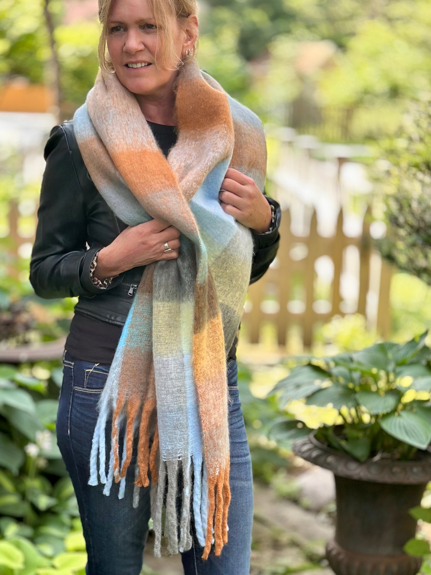 Lorelei Plaid Blanket Scarf - Blue & Tan