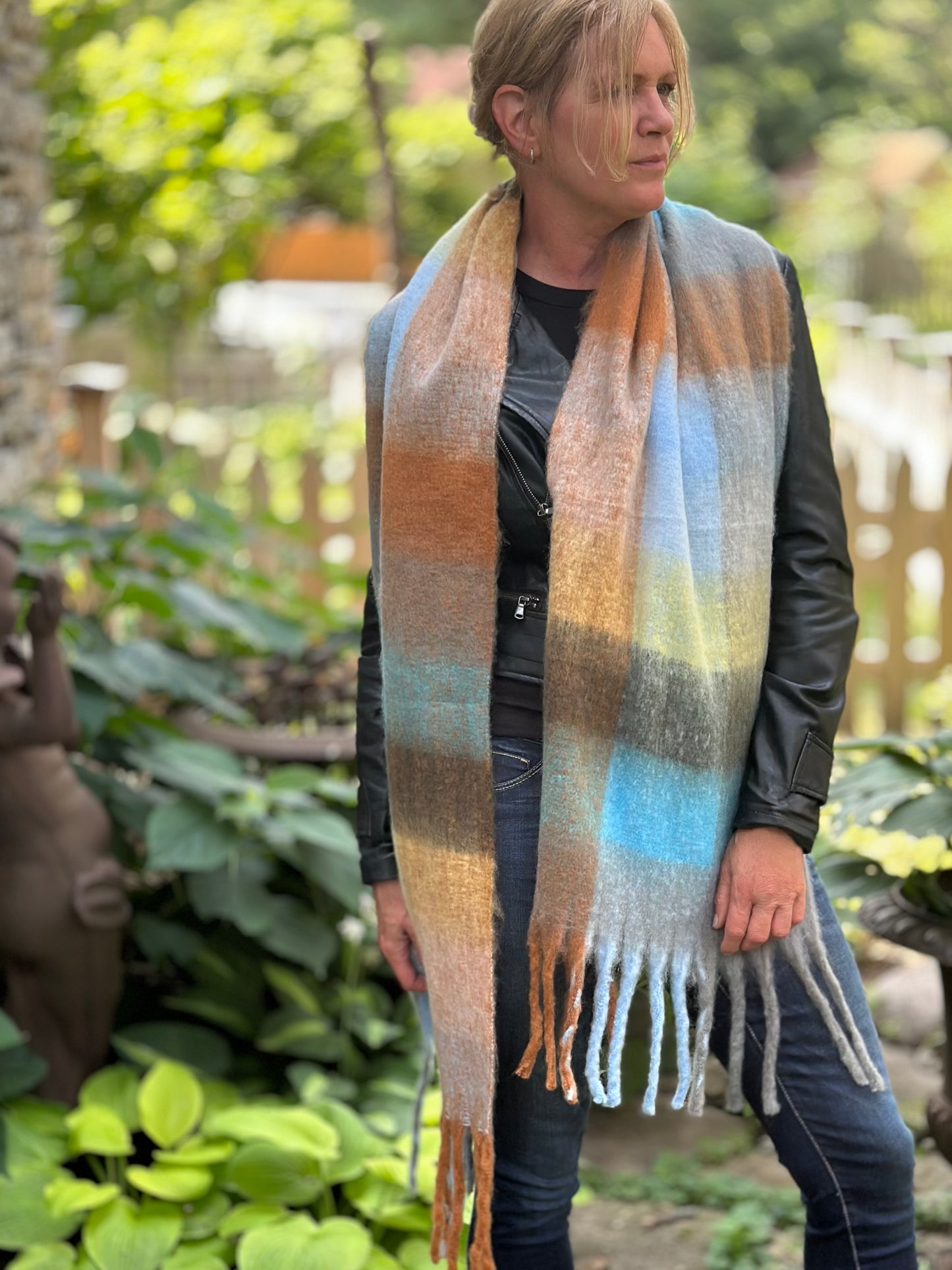 Lorelei Plaid Blanket Scarf - Blue & Tan