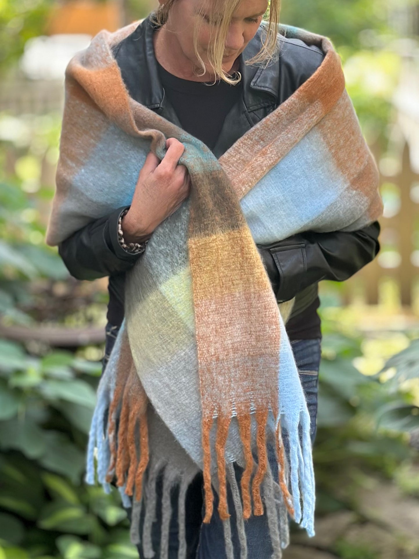 Lorelei Plaid Blanket Scarf - Blue & Tan