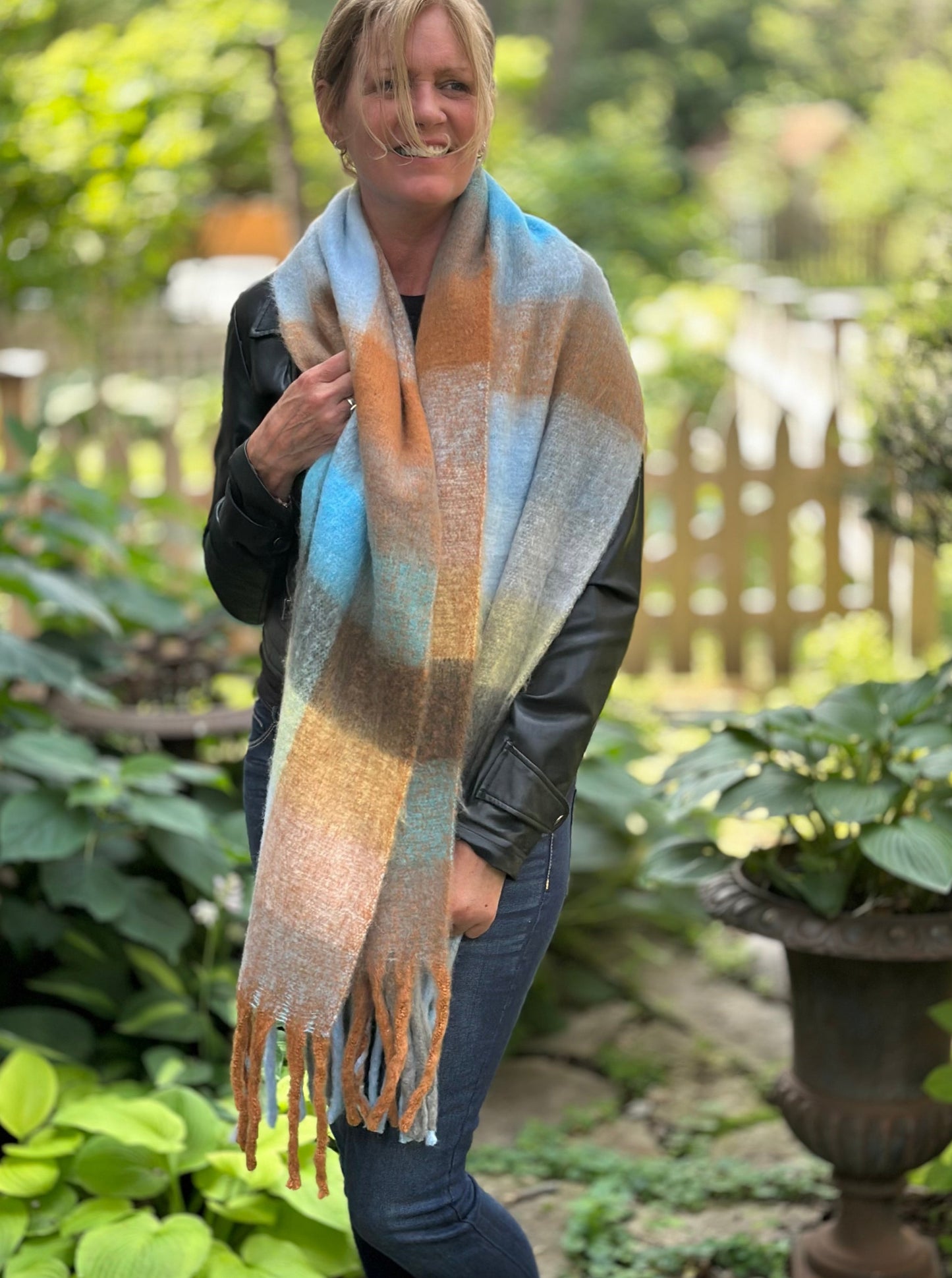 Lorelei Plaid Blanket Scarf - Blue & Tan