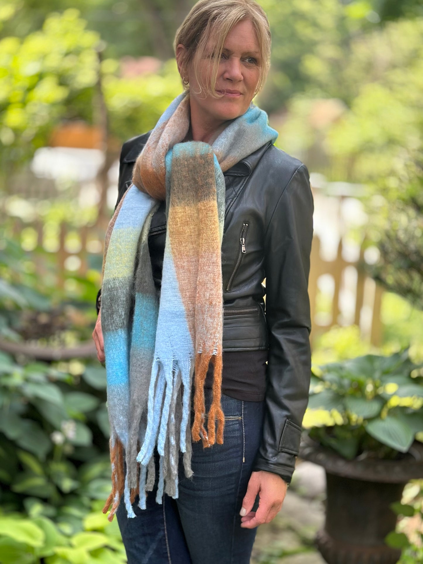 Lorelei Plaid Blanket Scarf - Blue & Tan