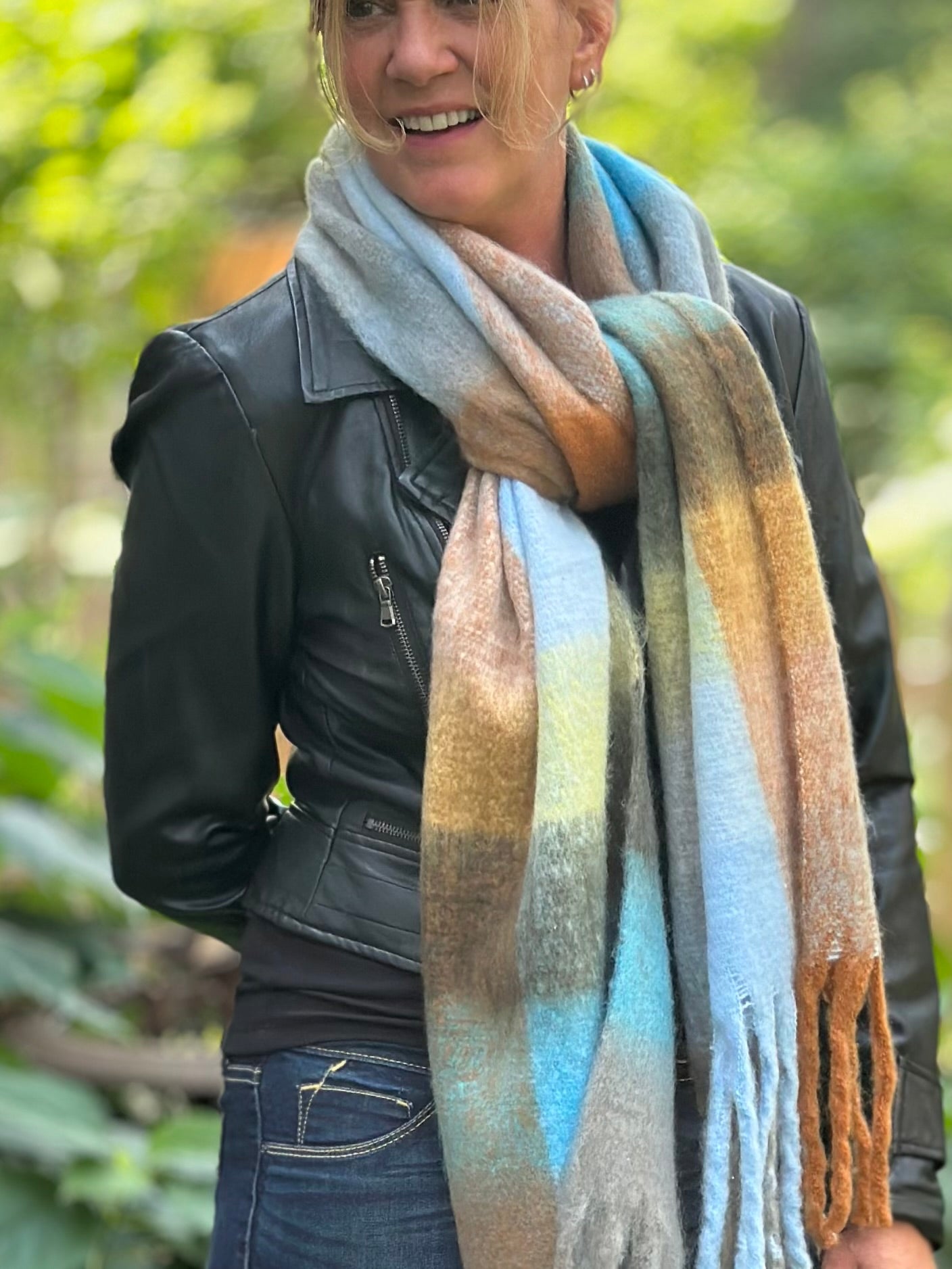 Lorelei Plaid Blanket Scarf - Blue & Tan