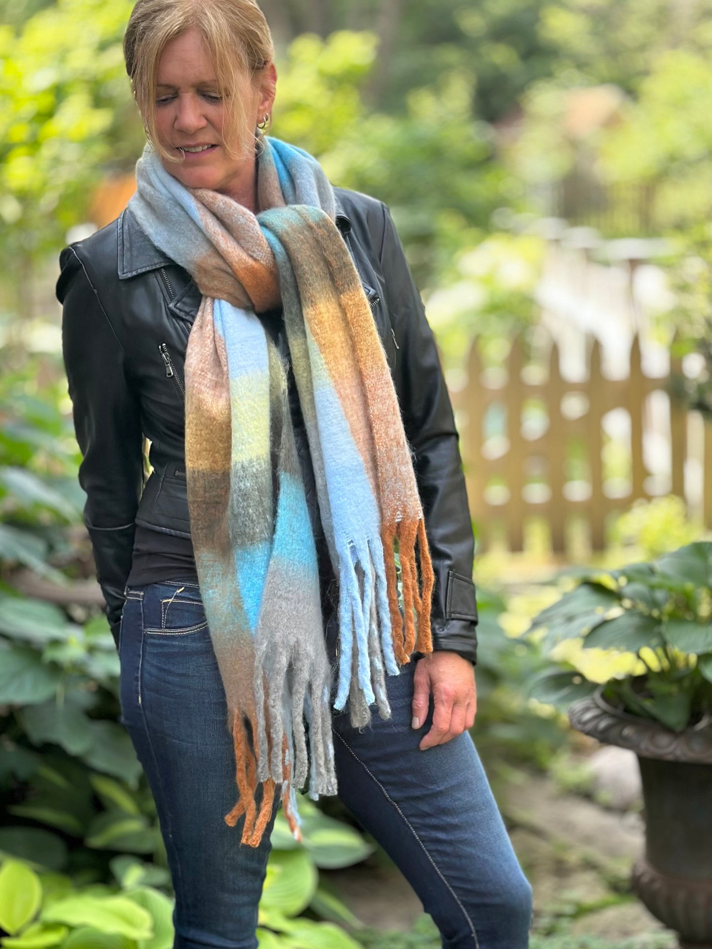 Lorelei Plaid Blanket Scarf - Blue & Tan