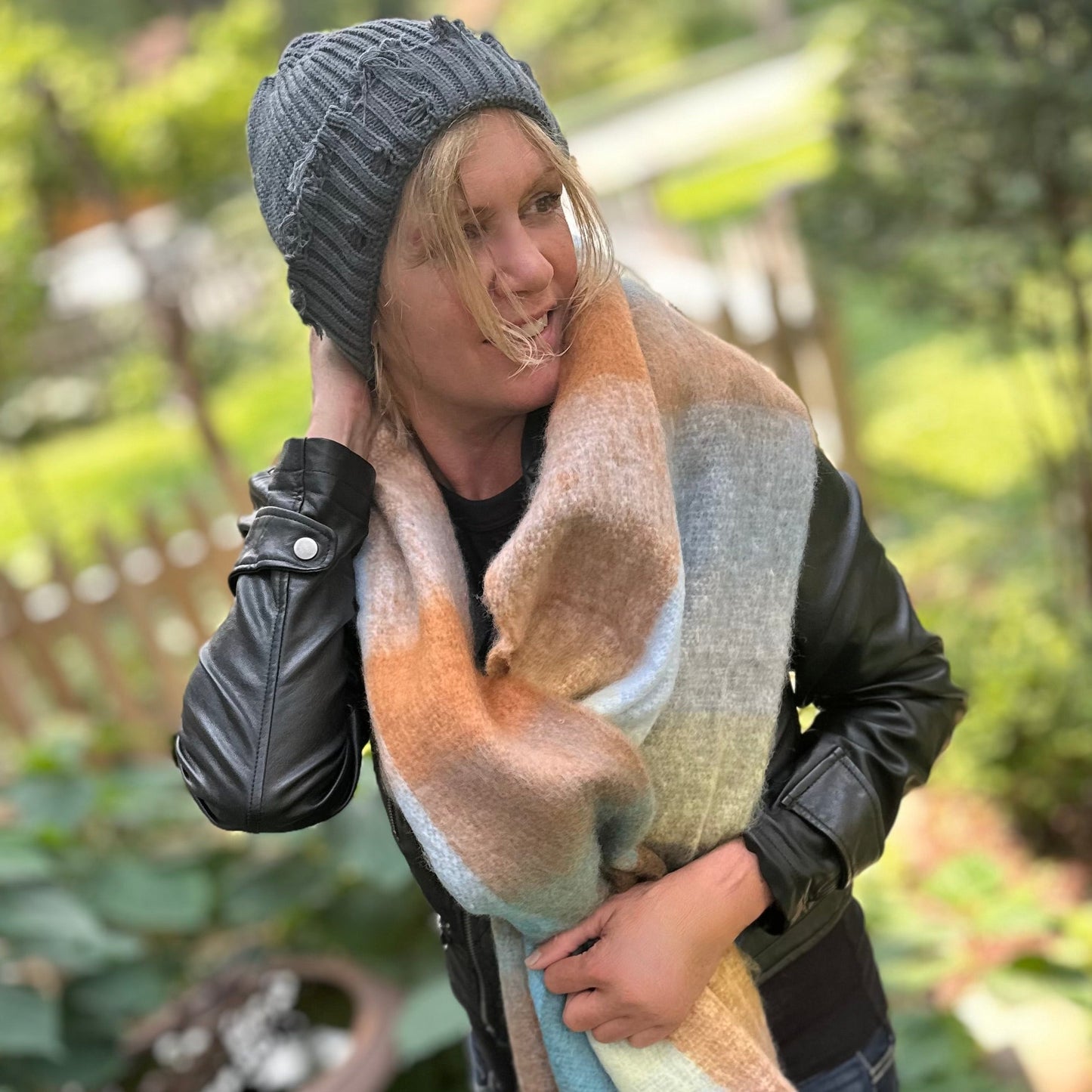 Lorelei Plaid Blanket Scarf - Blue & Tan