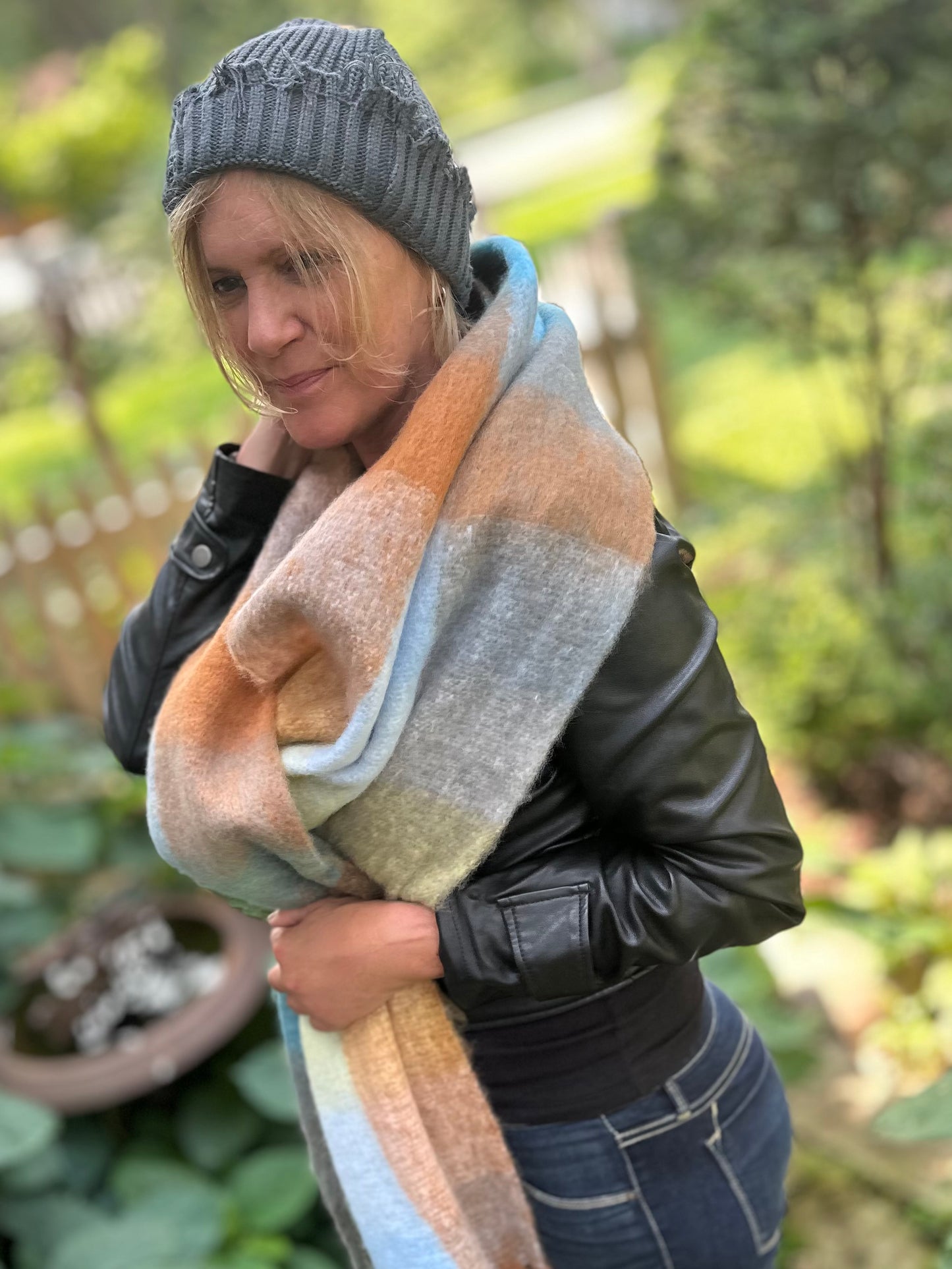 Lorelei Plaid Blanket Scarf - Blue & Tan