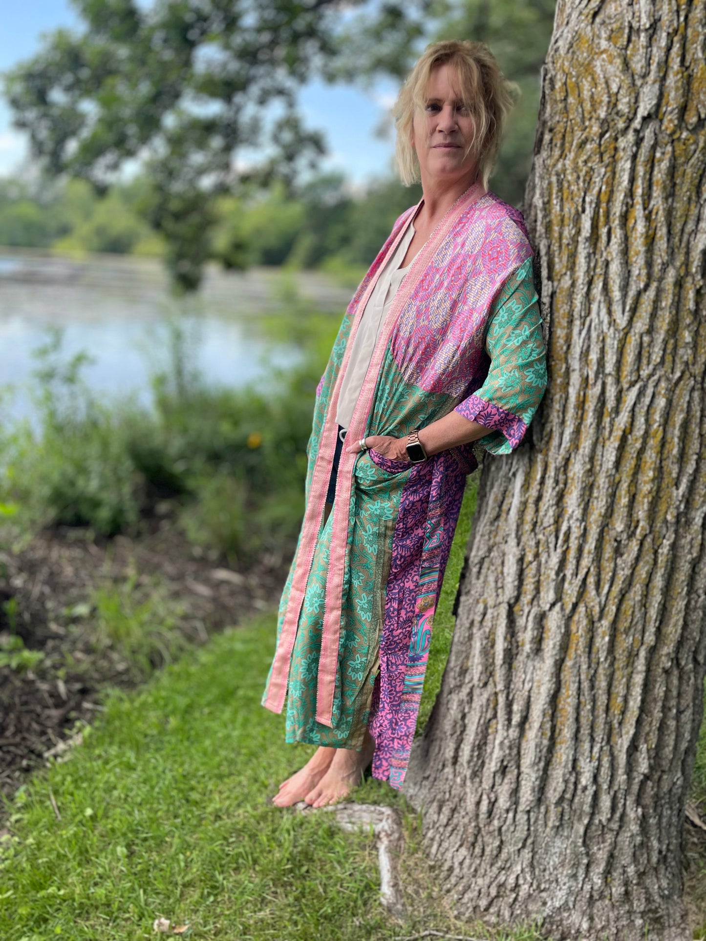 Annabelle Silk Sari Robe - Light Green and Pink