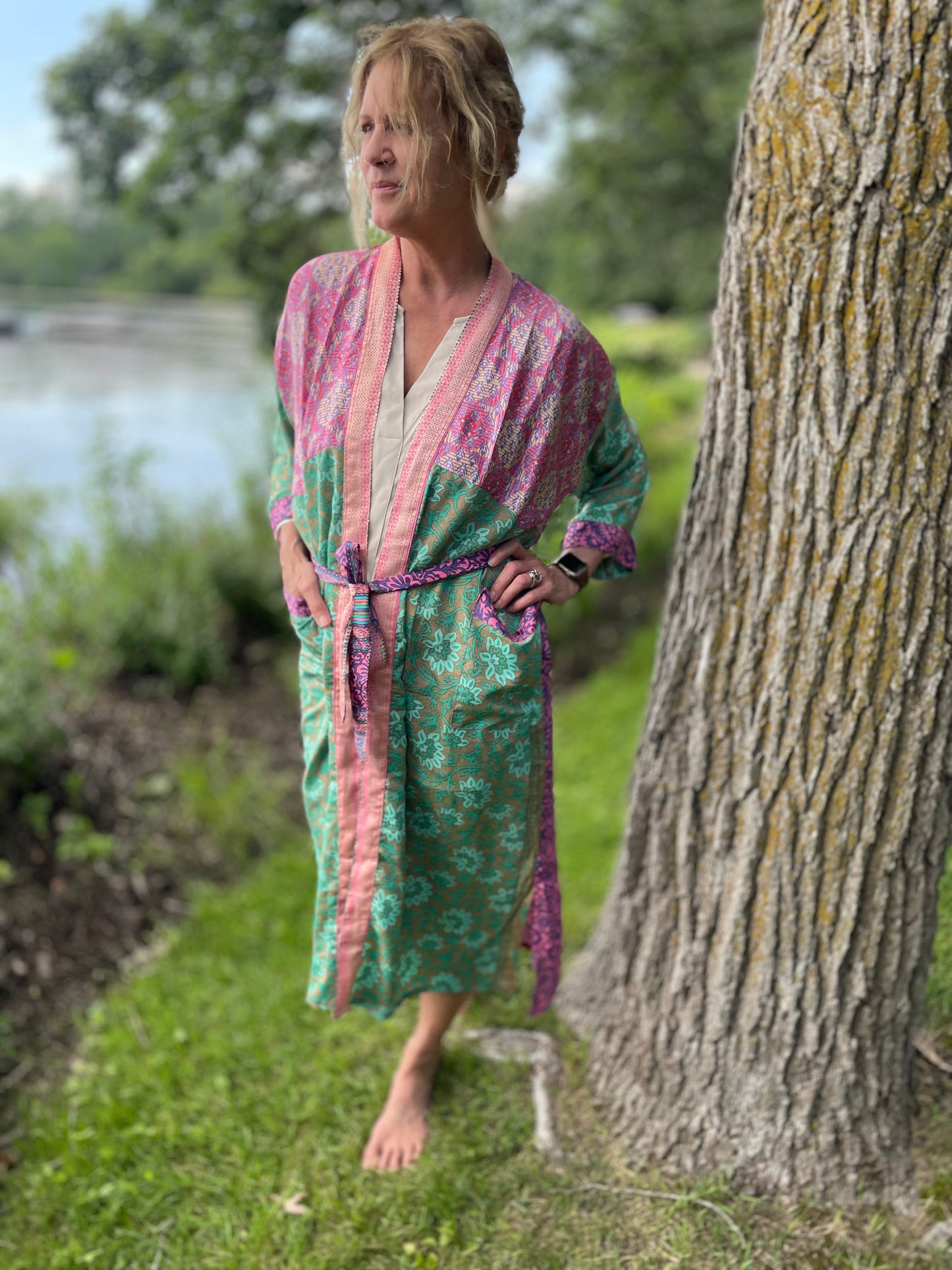 Annabelle Silk Sari Robe - Light Green and Pink