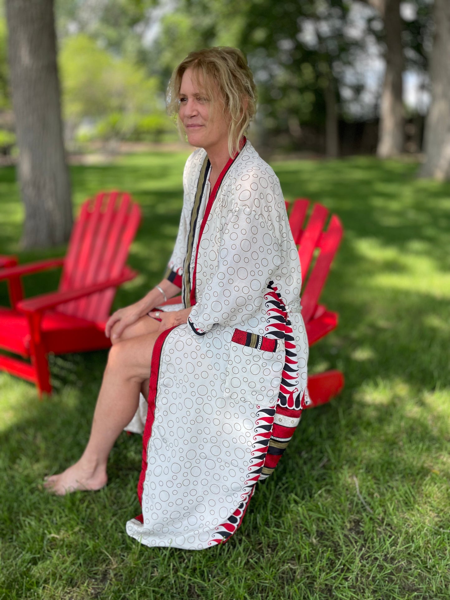 Annabelle Silk Sari Robe - White and Red