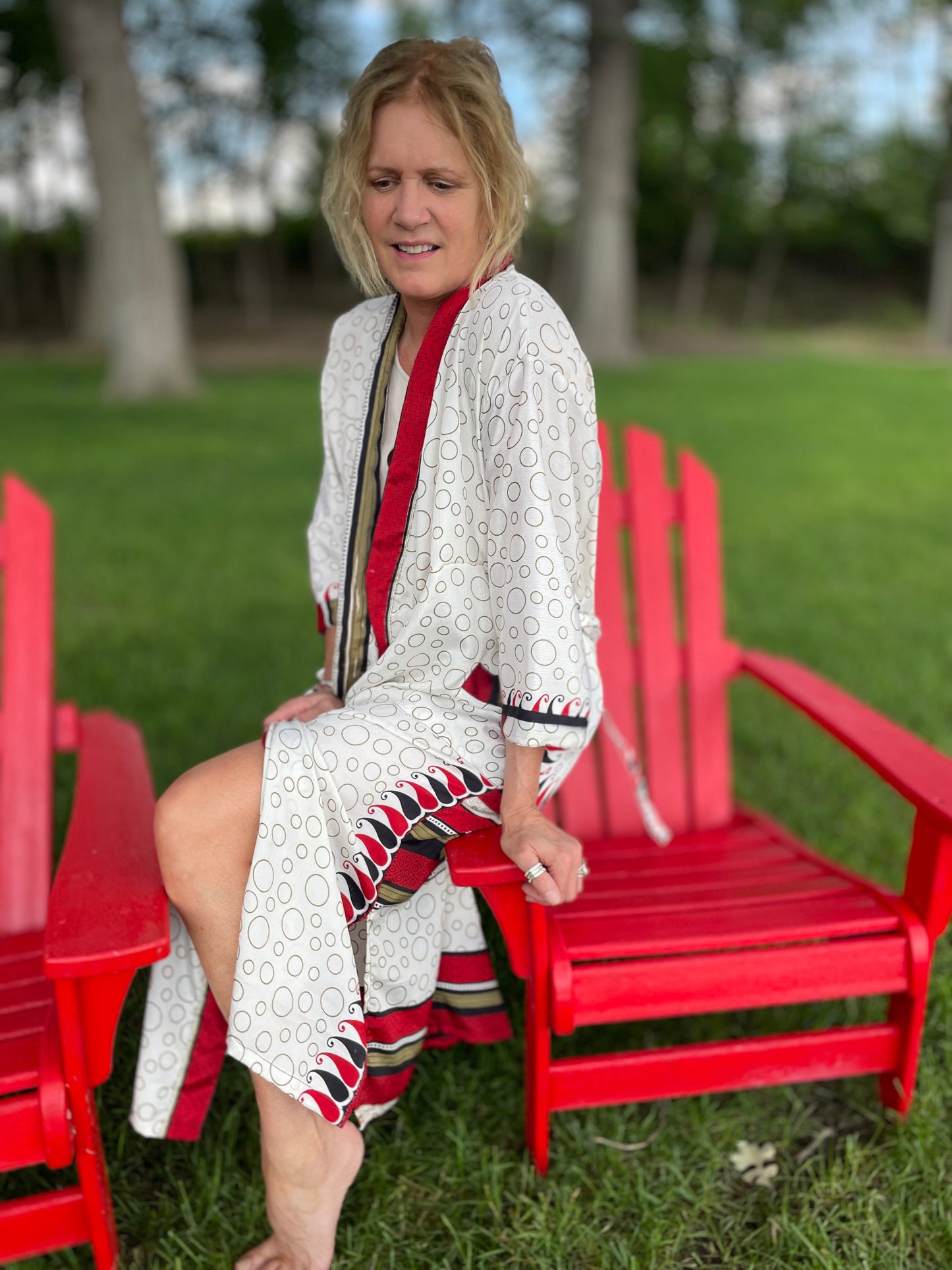 Annabelle Silk Sari Robe - White and Red