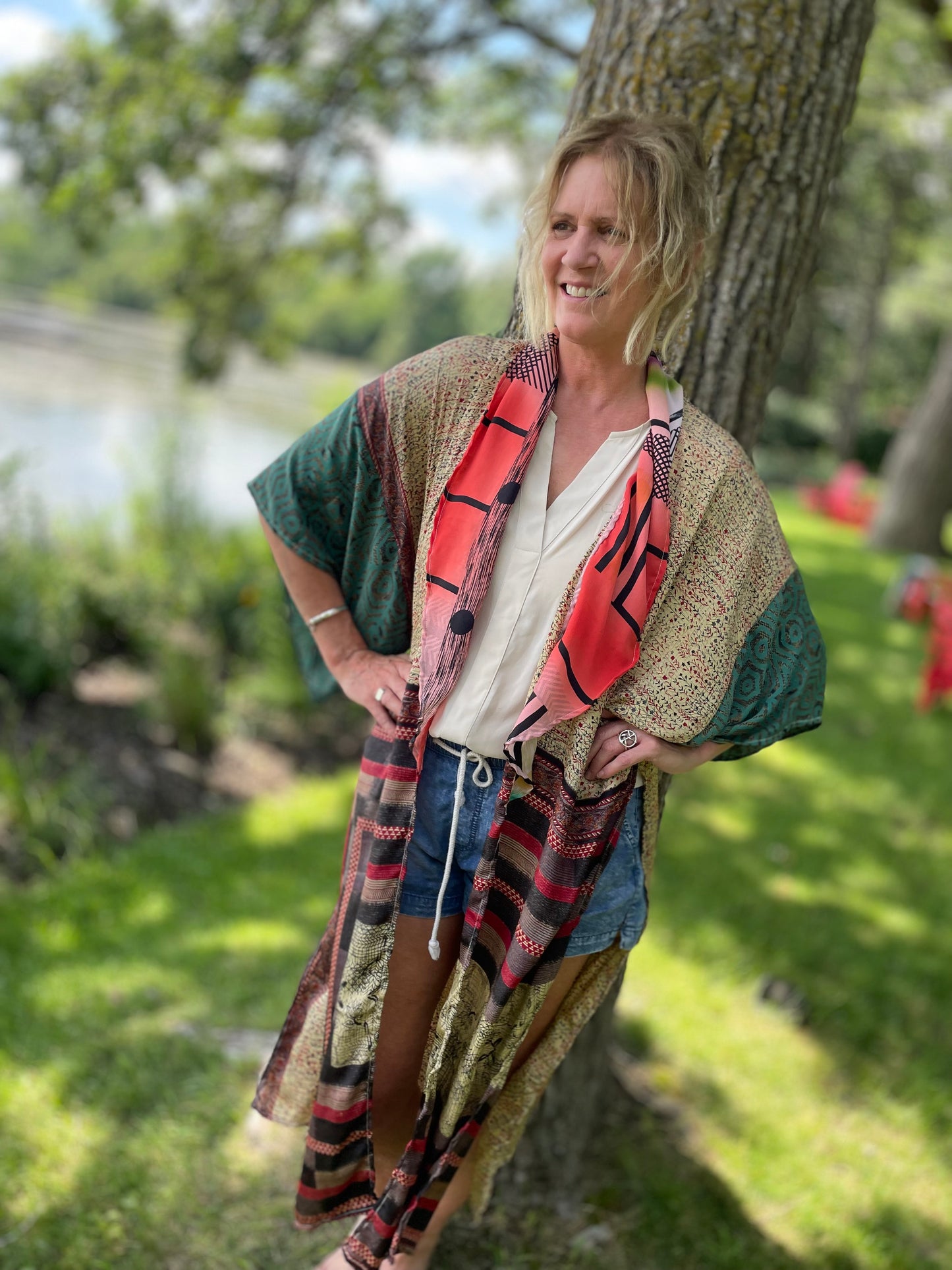 The Hey Delilah Silk Duster Kimono - Tan, Green