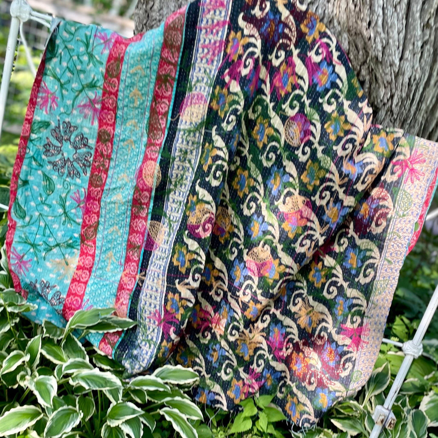 Rowena Reversible Embroidered  Kantha Quilt.