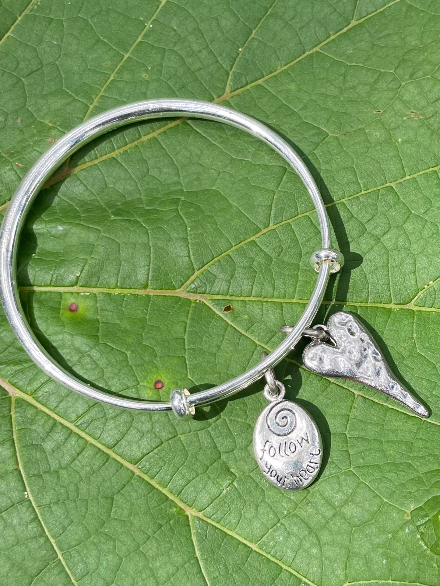 “Follow”, Silver Bangle Charm Bracelet.