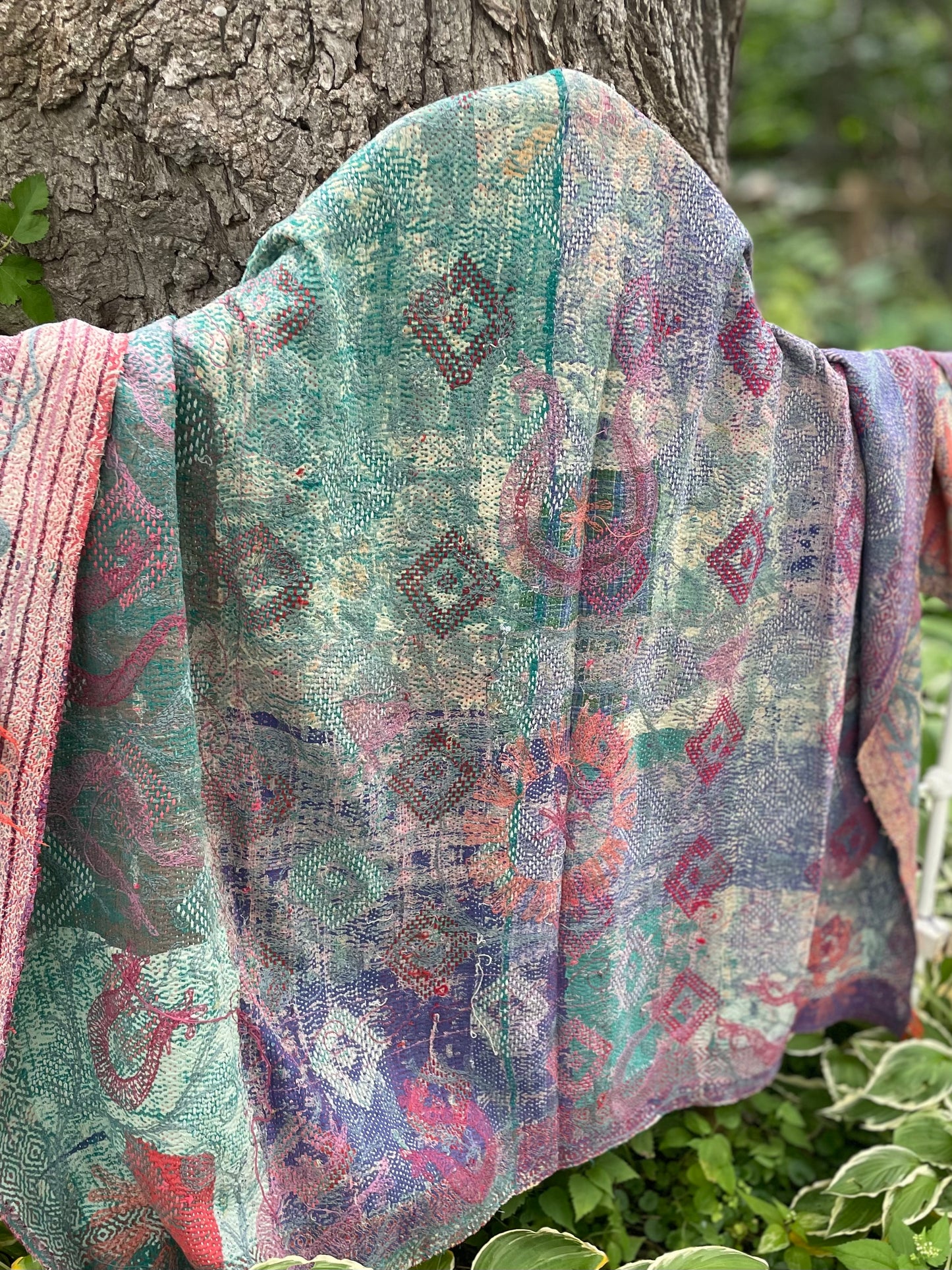 Rowena Reversible Embroidered  Kantha Quilt.