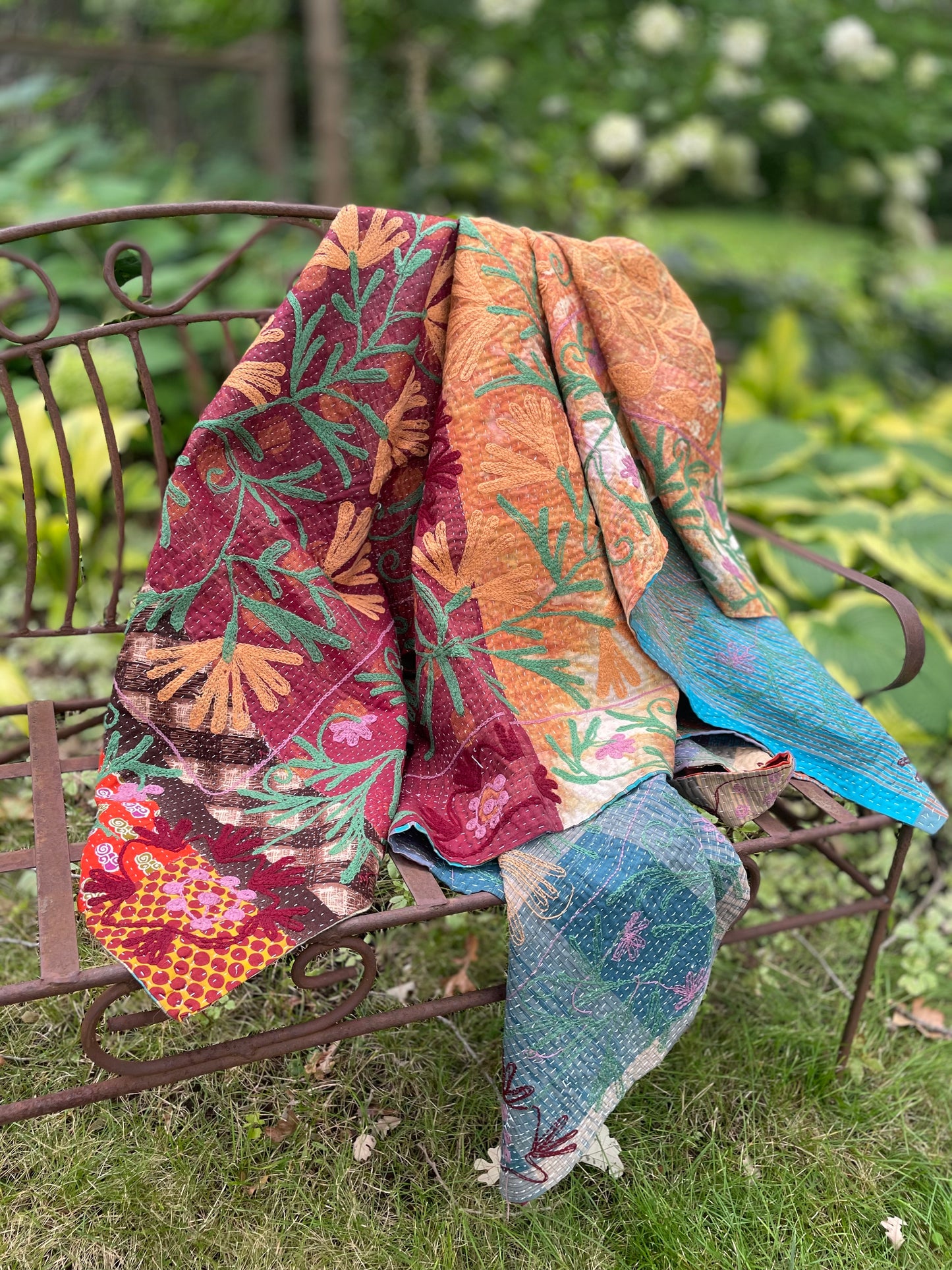 Rowena Reversible Embroidered  Kantha Quilt.