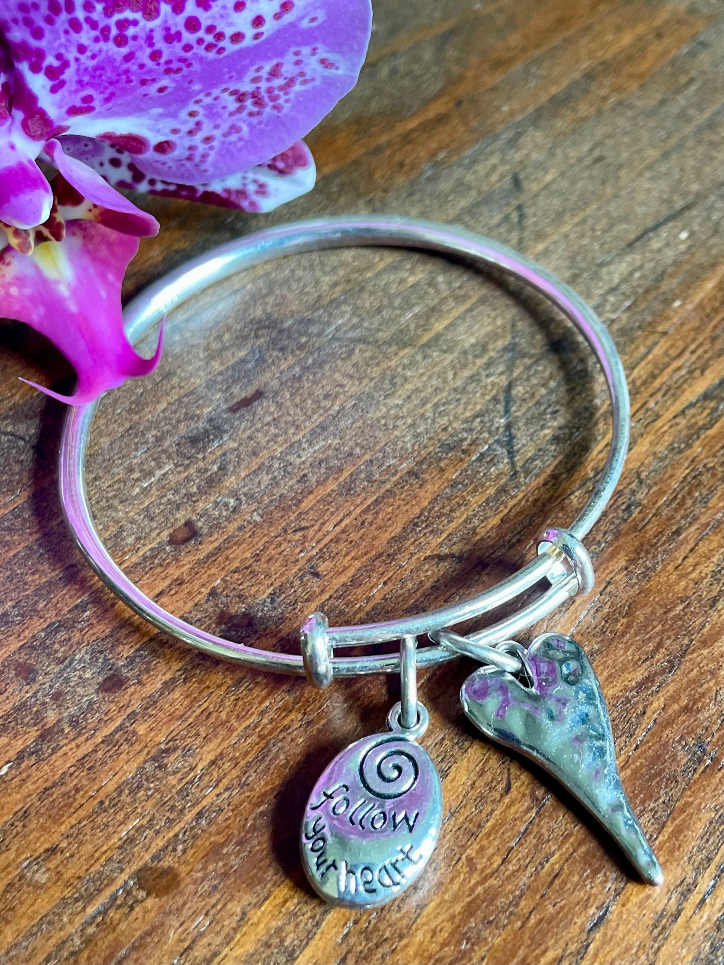 “Follow”, Silver Bangle Charm Bracelet.