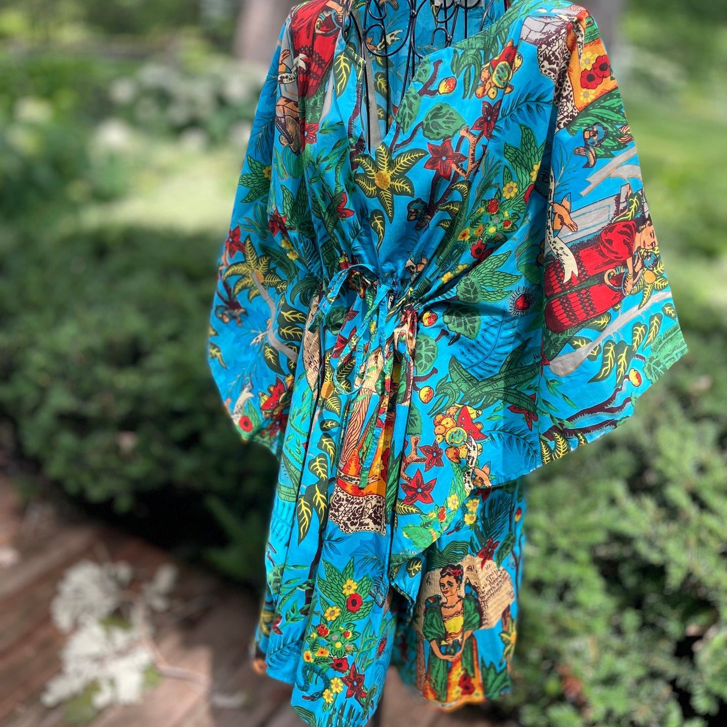 Frida Kahlo Print Turquoise Cotton Tunic. Swim Coverup.