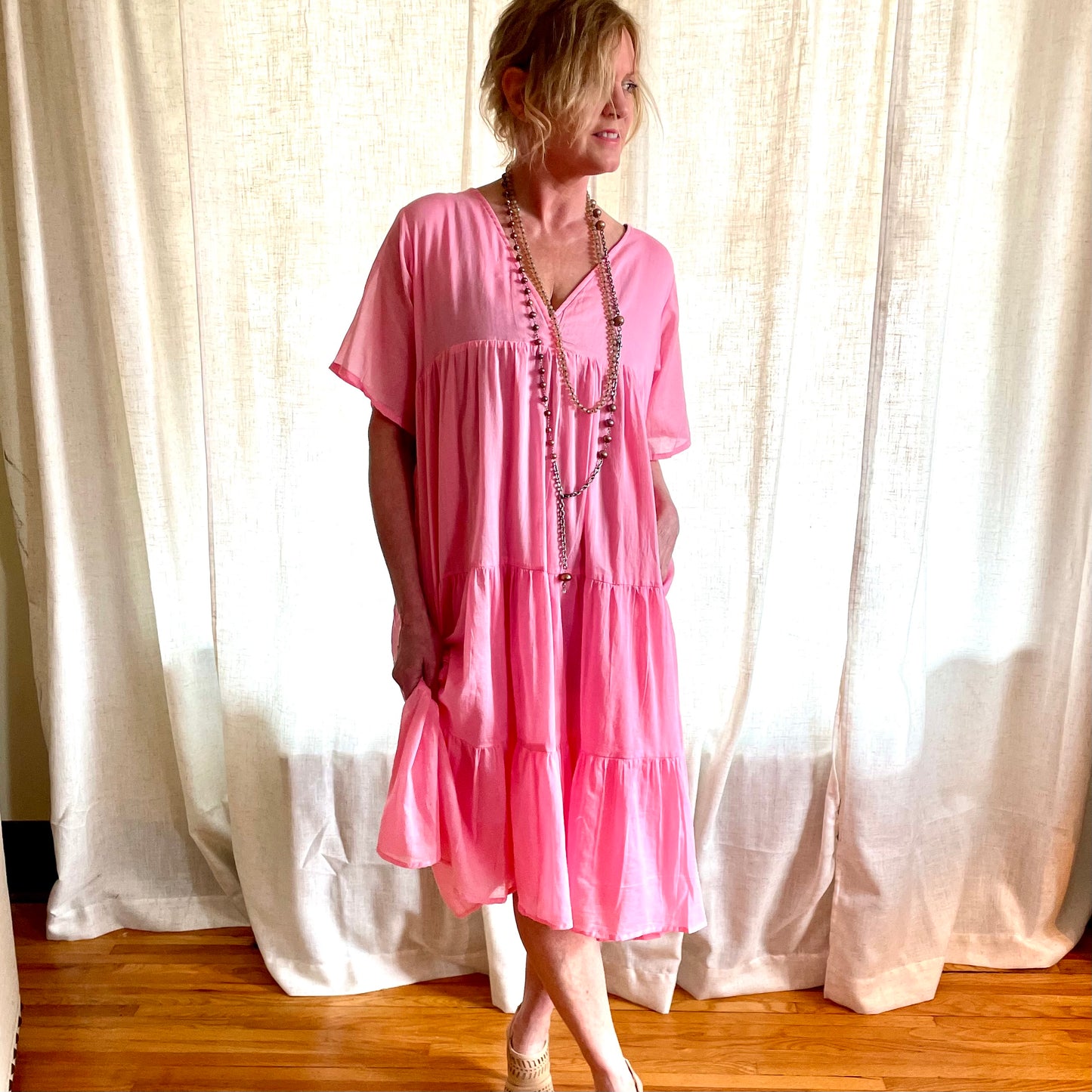 Madelyn Pink Cotton Midi Dress.