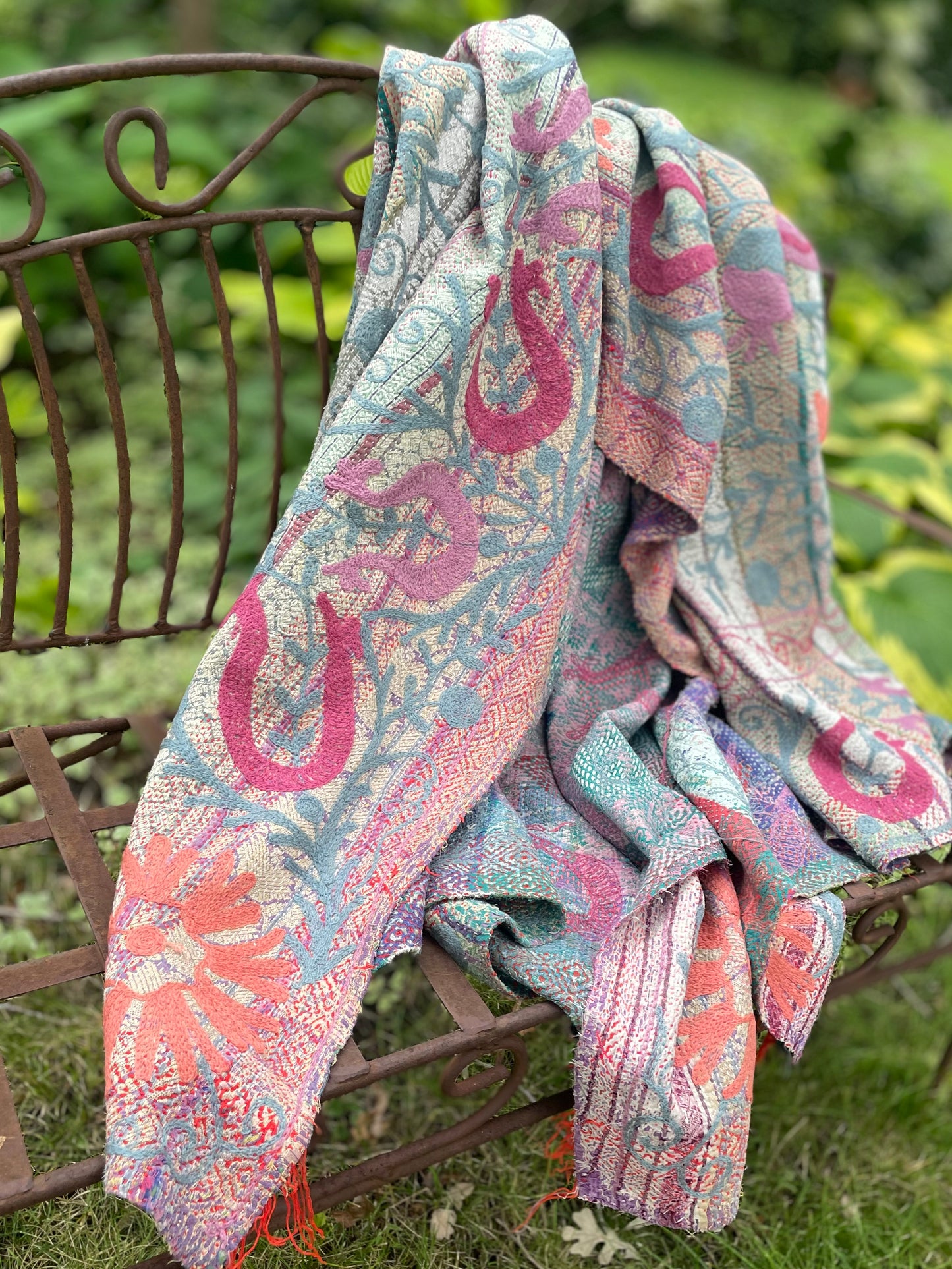 Rowena Reversible Embroidered  Kantha Quilt.