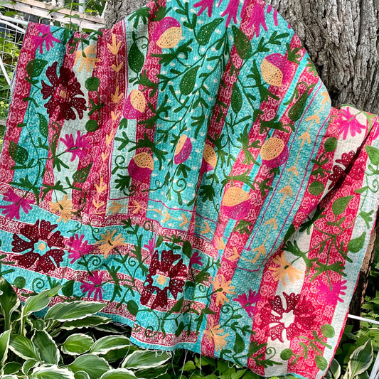 Rowena Reversible Embroidered  Kantha Quilt.