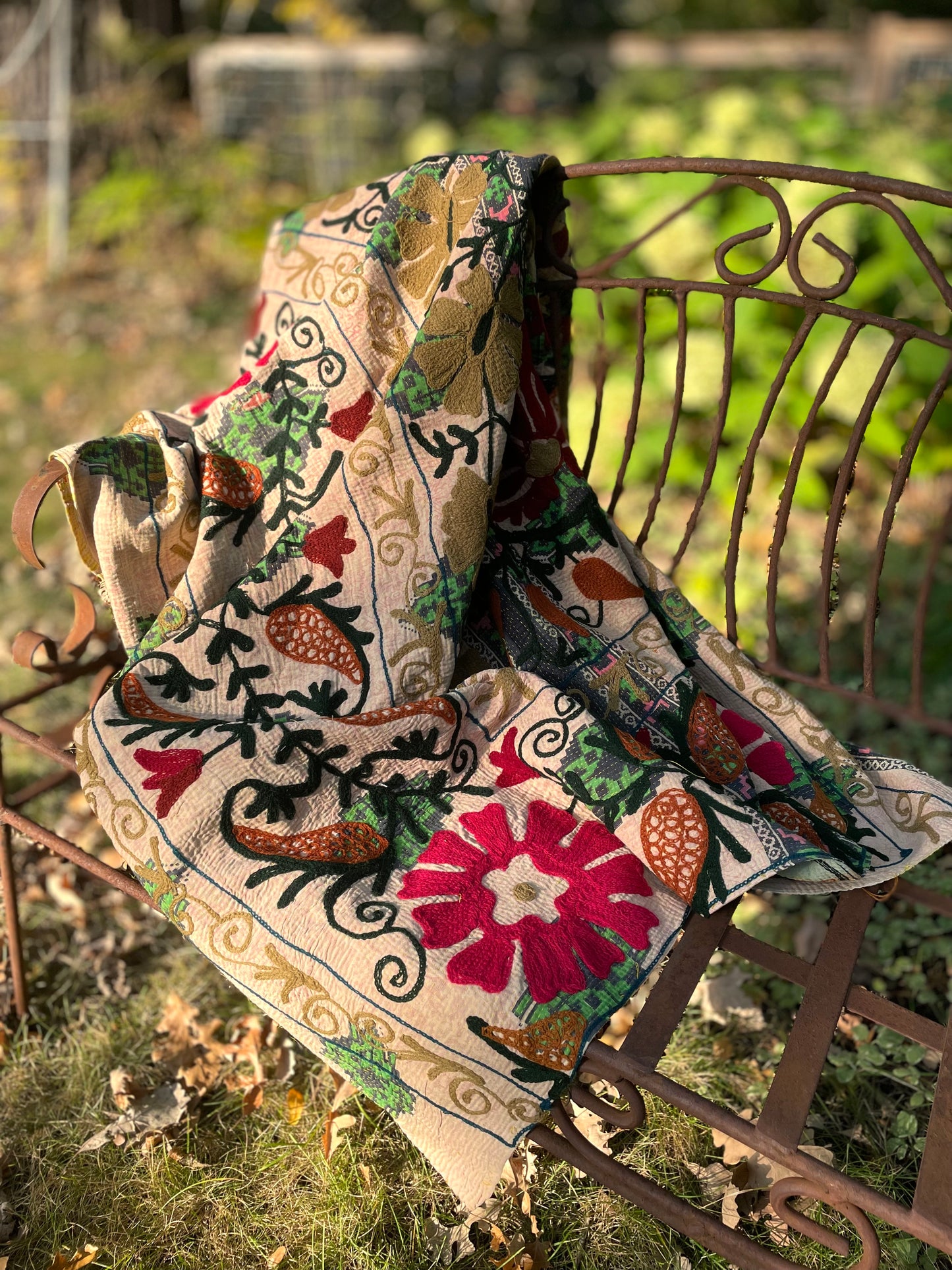 Rowena Reversible Embroidered  Kantha Quilt.