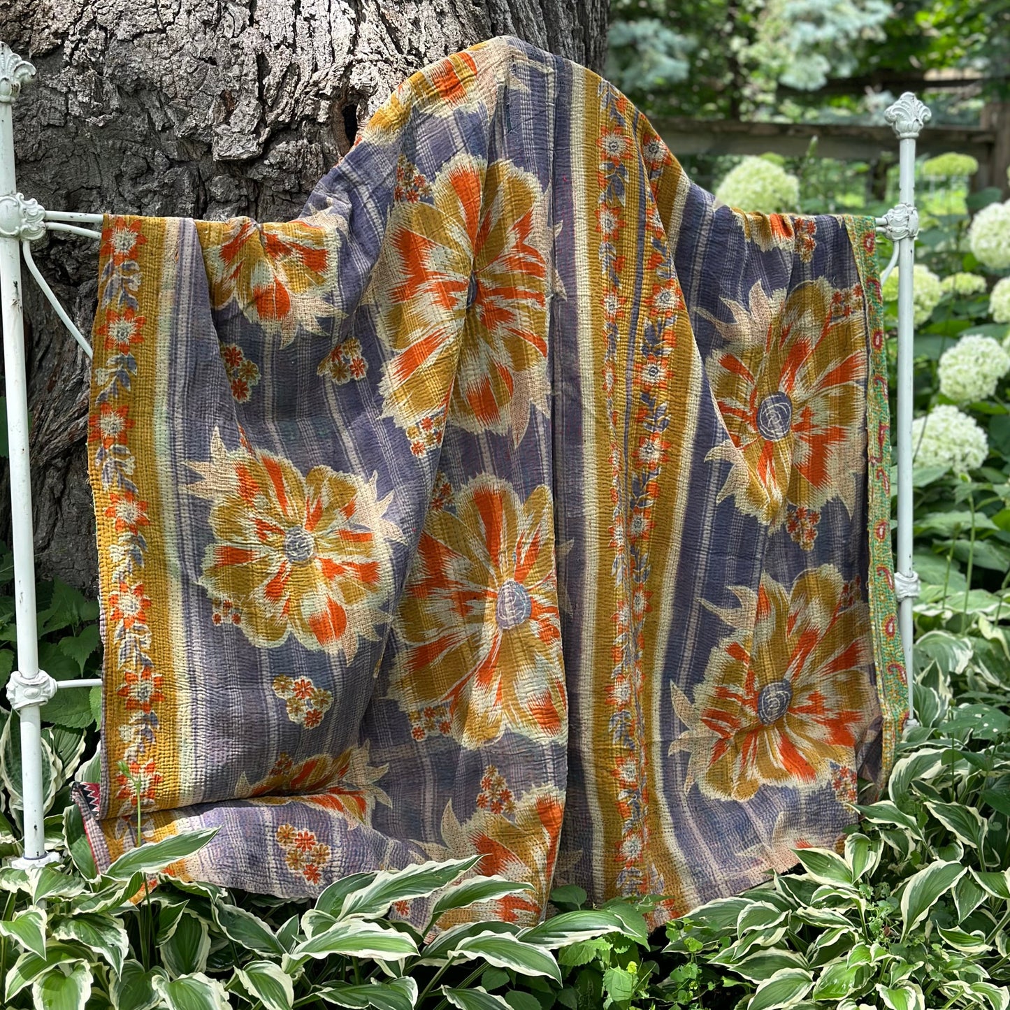 Theodora Reversible Kantha Quilt - rust flower